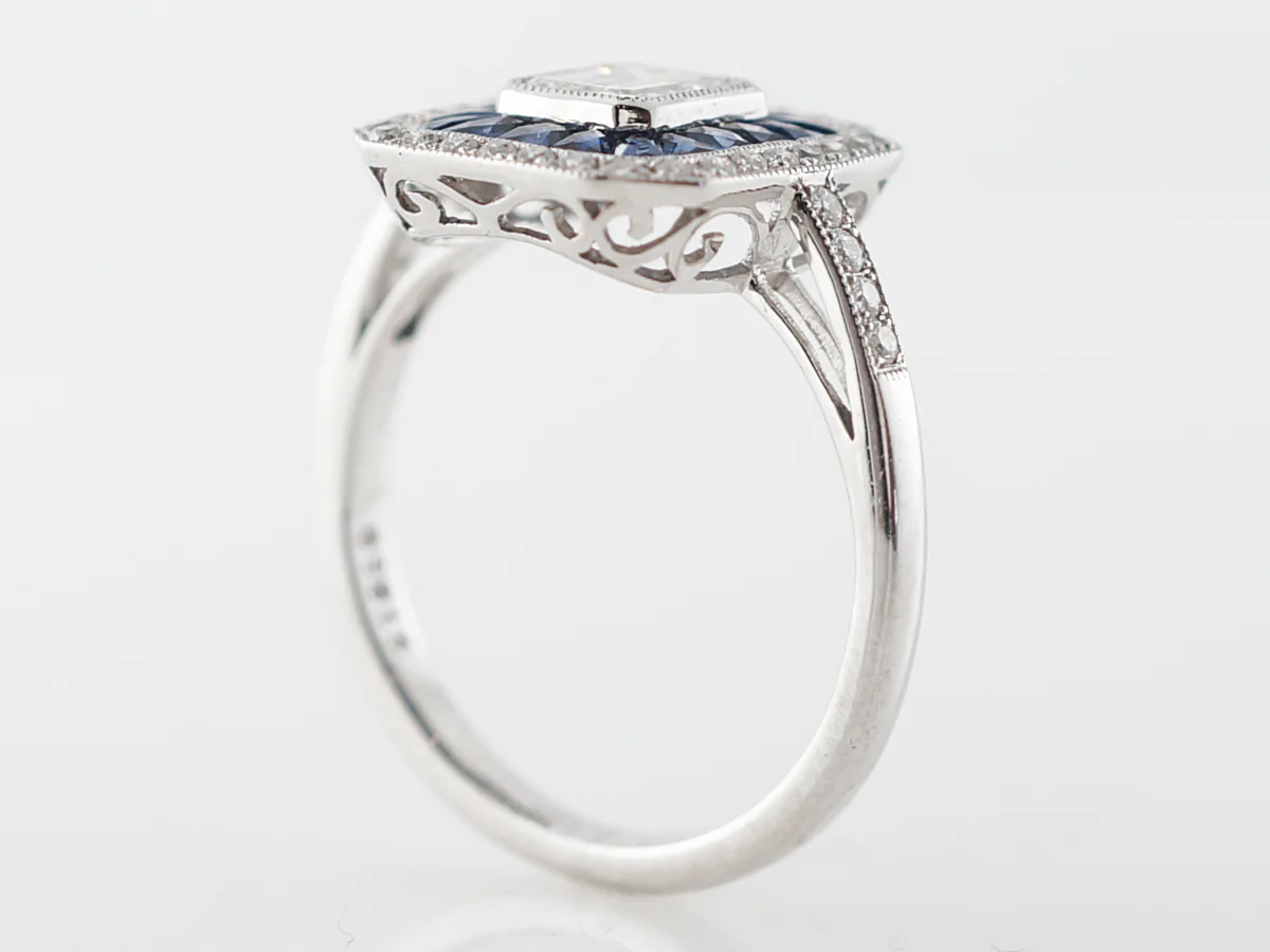 Emerald Cut Diamond & Sapphire Engagement Ring in Platinum - Image 5