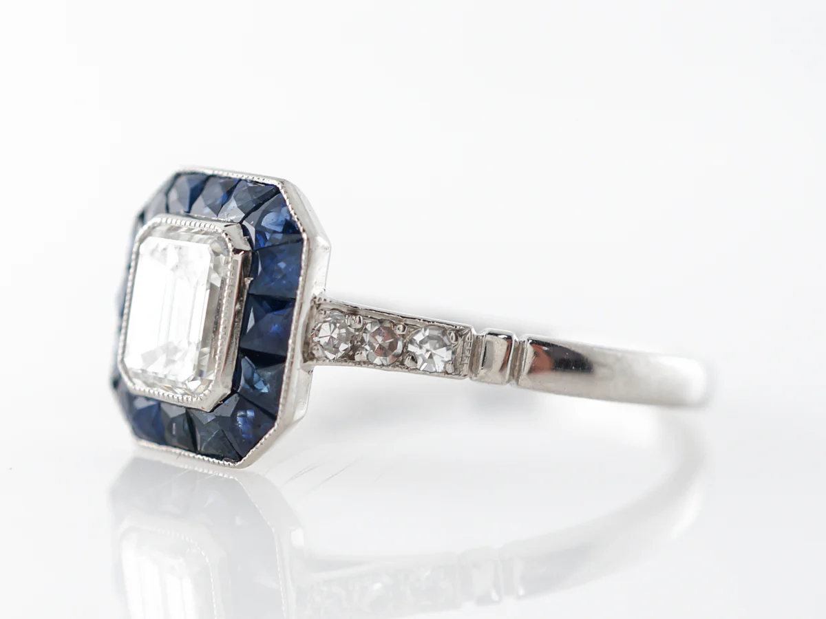 Emerald Cut Diamond w/ Sapphire Engagement Ring in Platinum - Image 2
