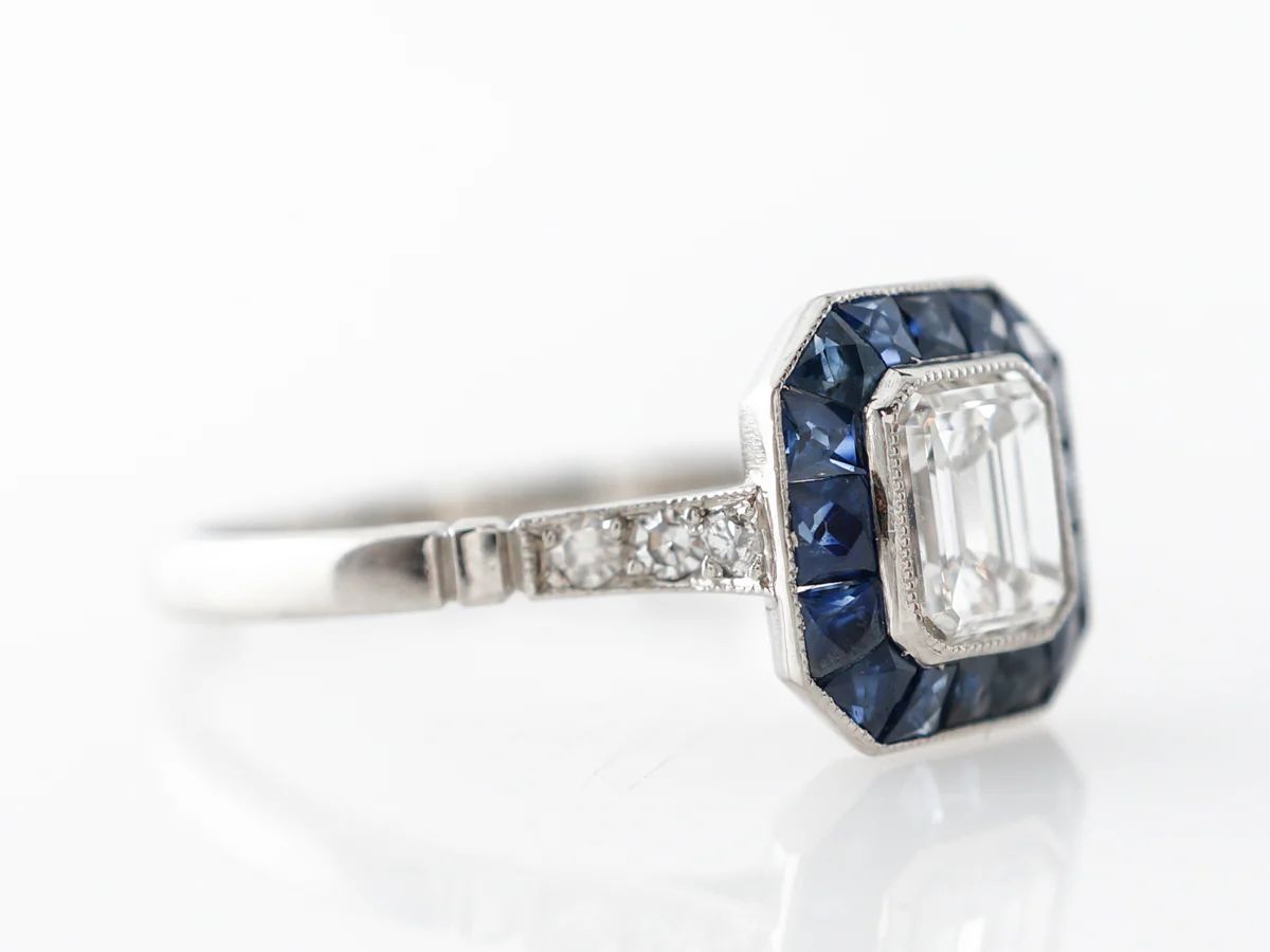 Emerald Cut Diamond w/ Sapphire Engagement Ring in Platinum - Image 3
