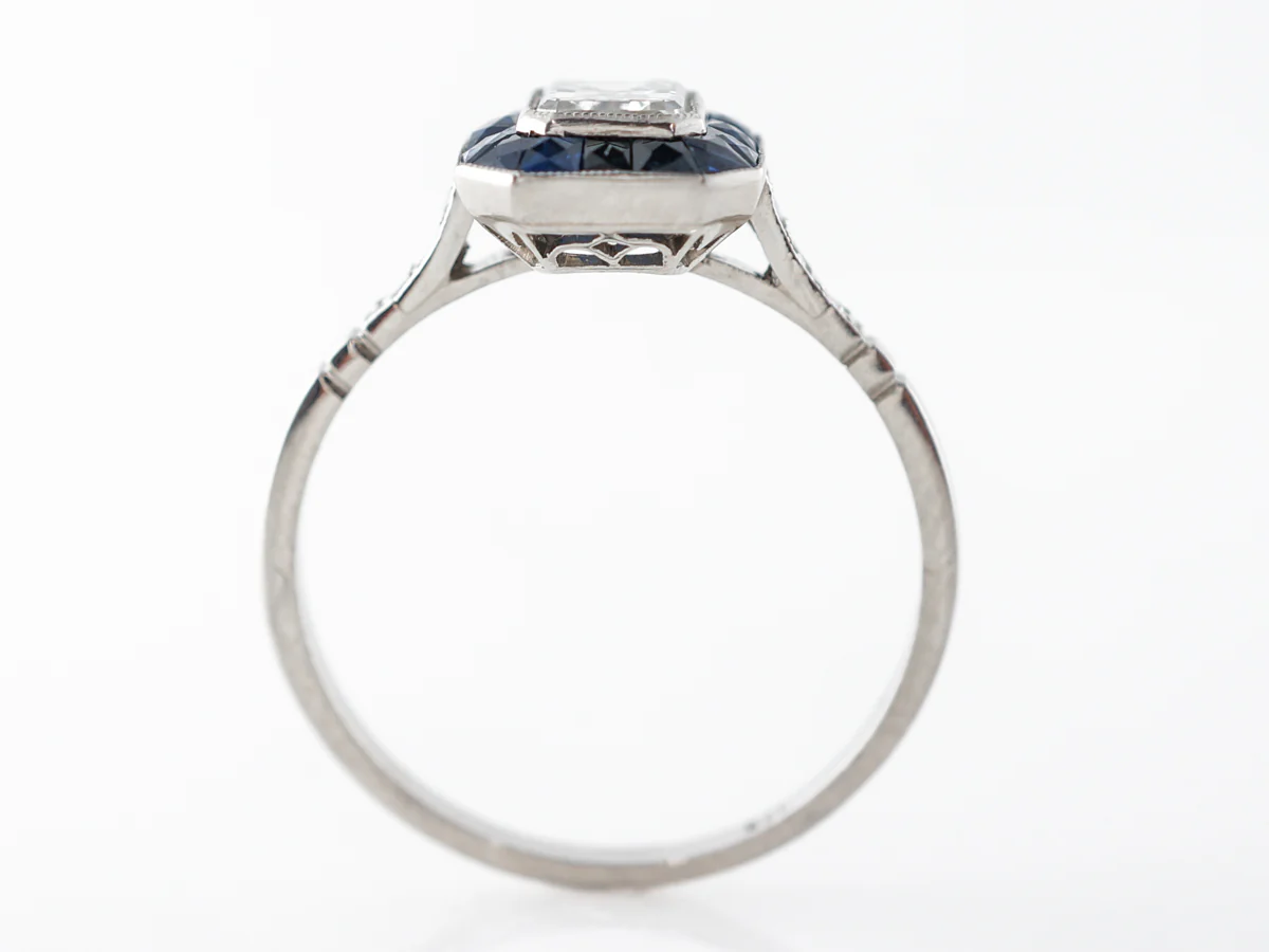 Emerald Cut Diamond w/ Sapphire Engagement Ring in Platinum - Image 4