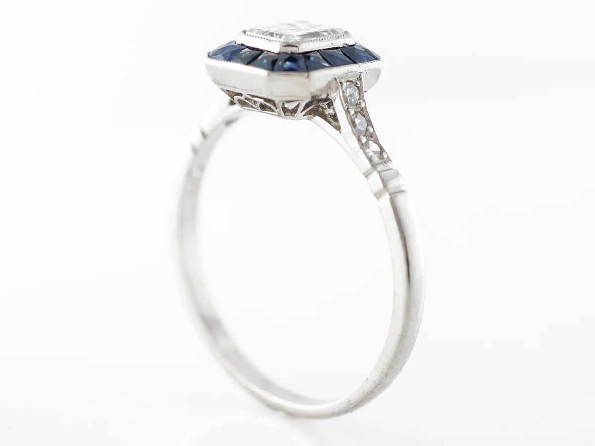 Emerald Cut Diamond w/ Sapphire Engagement Ring in Platinum - Image 5
