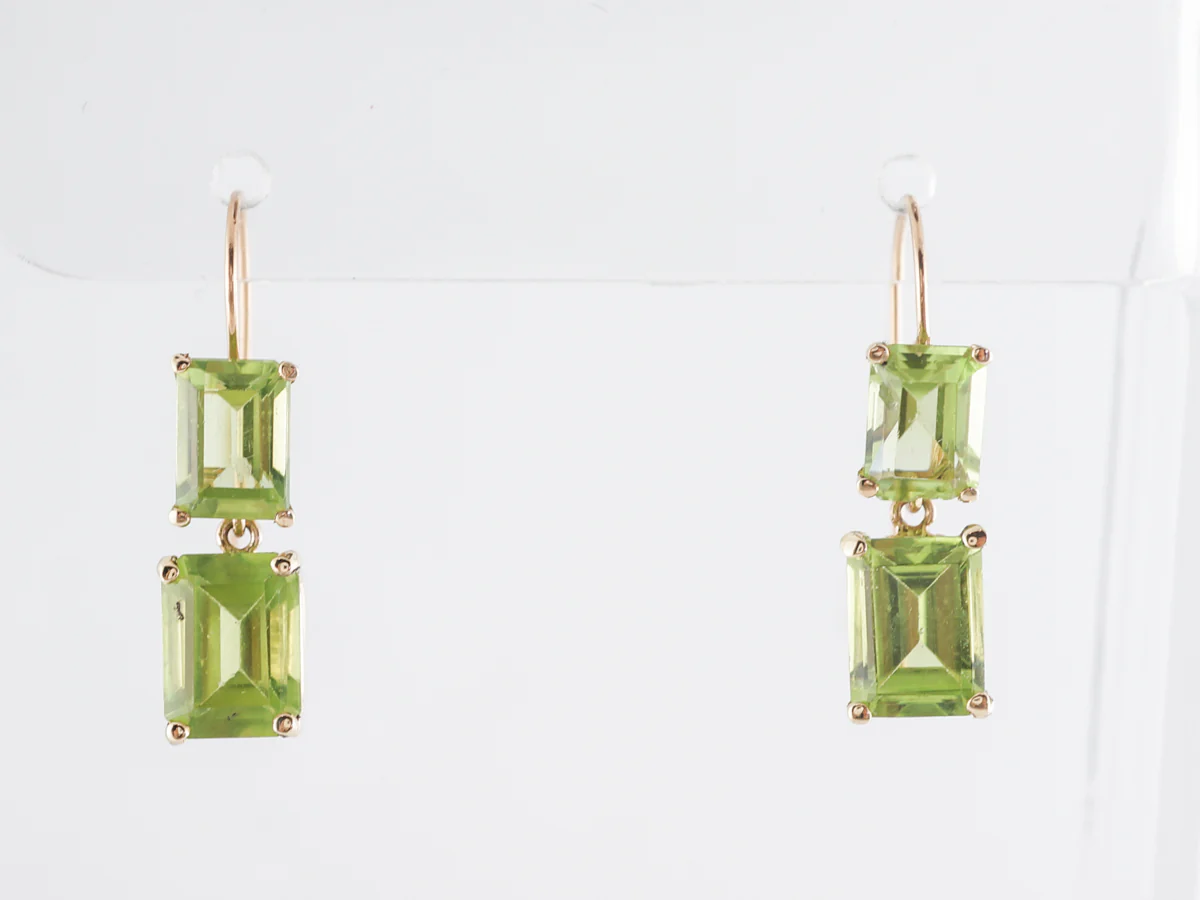 Emerald Cut Peridot Drop Earrings in 14k Yellow Gold