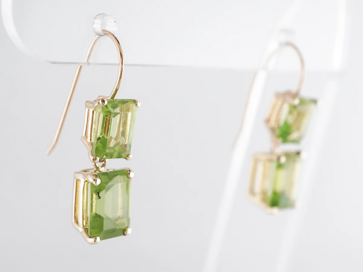 Emerald Cut Peridot Drop Earrings in 14k Yellow Gold - Image 3