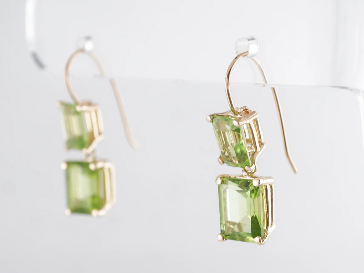 Emerald Cut Peridot Drop Earrings in 14k Yellow Gold - Image 4
