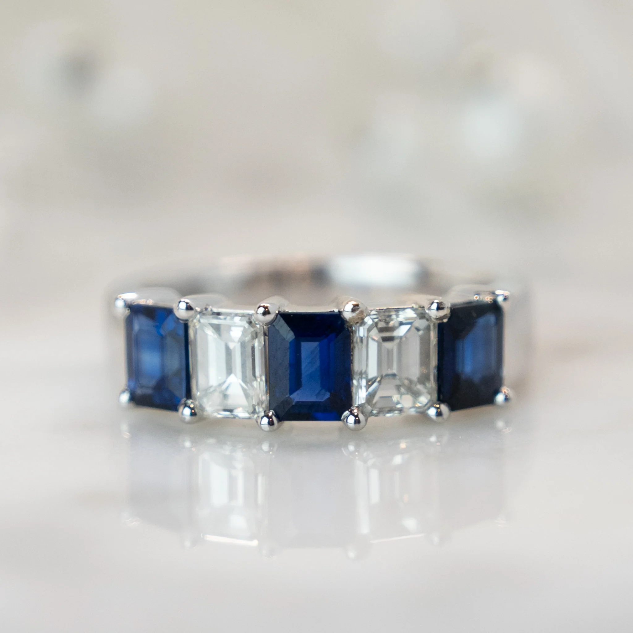 Emerald Cut Sapphire & Diamond Five Stone Ring in 18k - Image 6