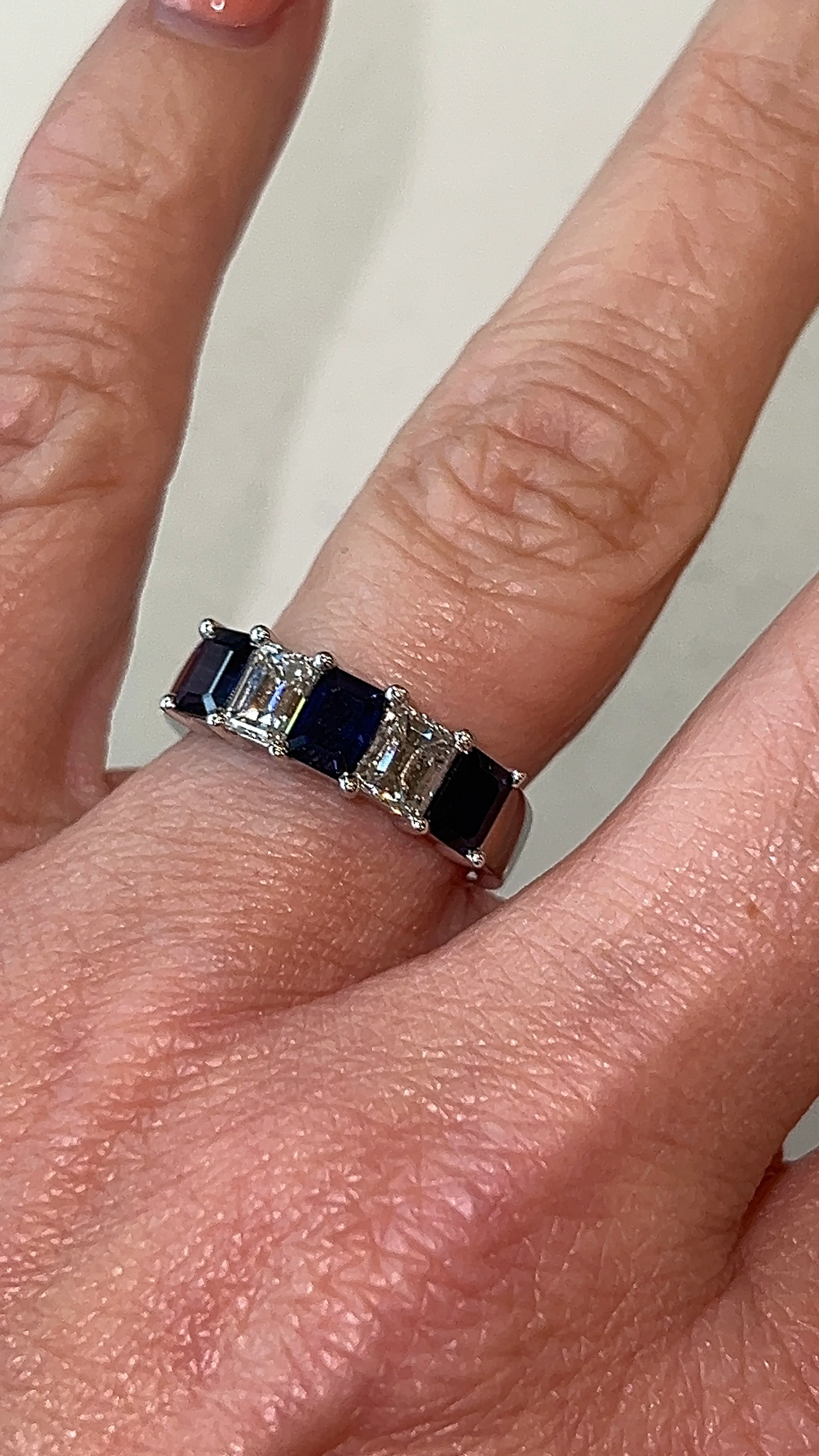 Emerald Cut Sapphire & Diamond Five Stone Ring in 18k - Image 7