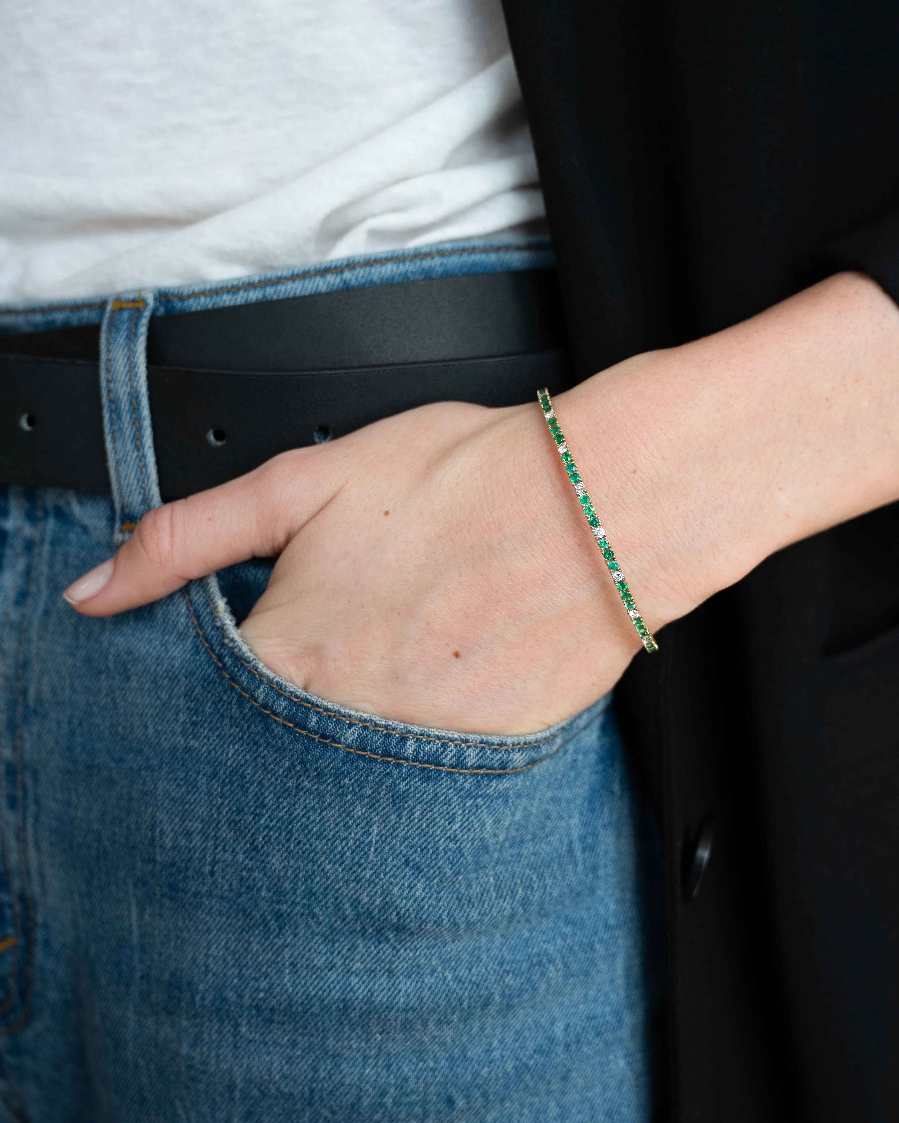Emerald & Diamond Bangle Bracelet 14k Yellow Gold - Image 7