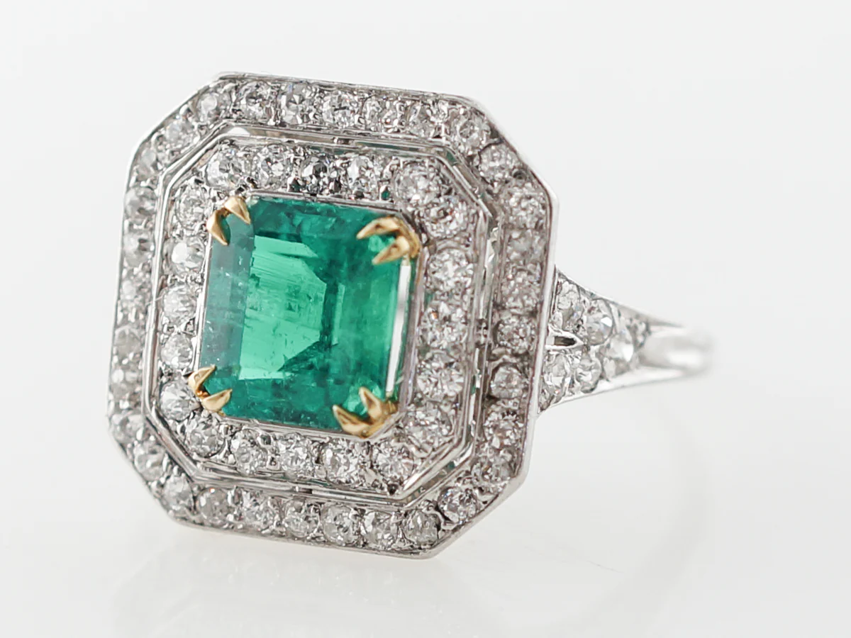 Emerald & Diamond Cluster Cocktail Ring in Platinum - Image 2
