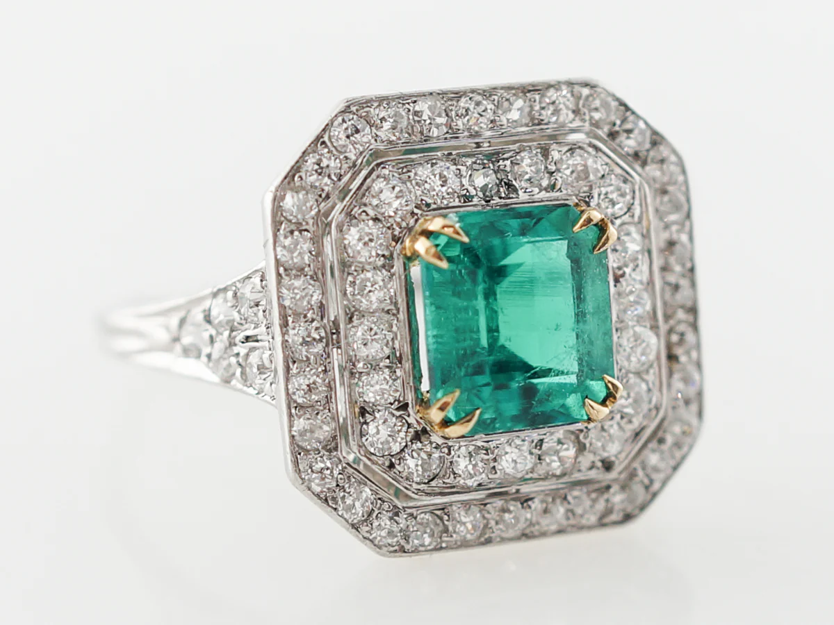 Emerald & Diamond Cluster Cocktail Ring in Platinum - Image 3