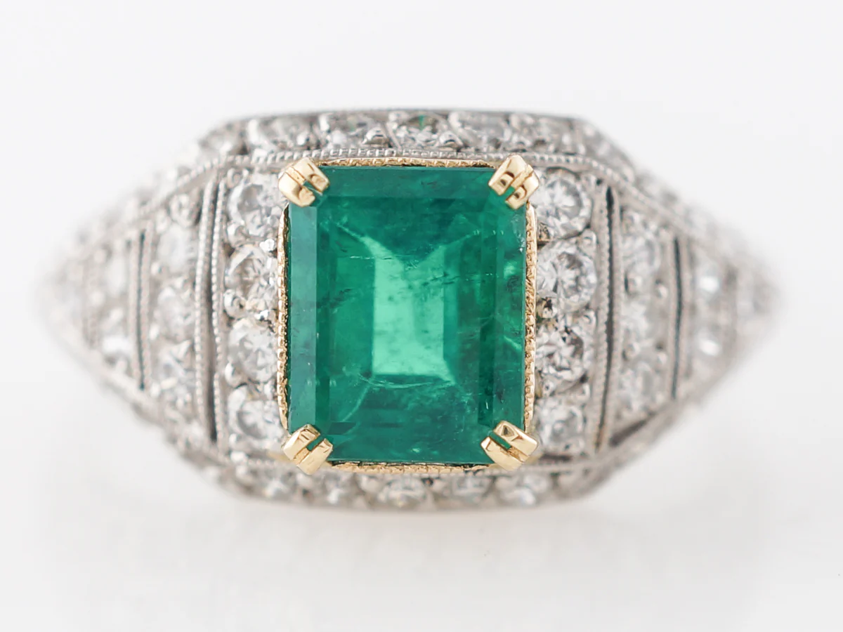 Emerald & Diamond Cocktail Ring in Platinum & 18k Gold