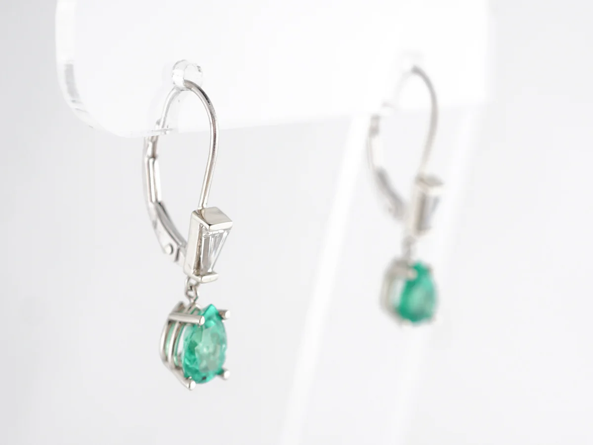 Emerald & Diamond Drop Earrings in 14k White Gold - Image 3