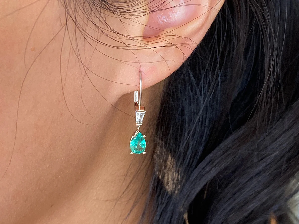 Emerald & Diamond Drop Earrings in 14k White Gold - Image 5
