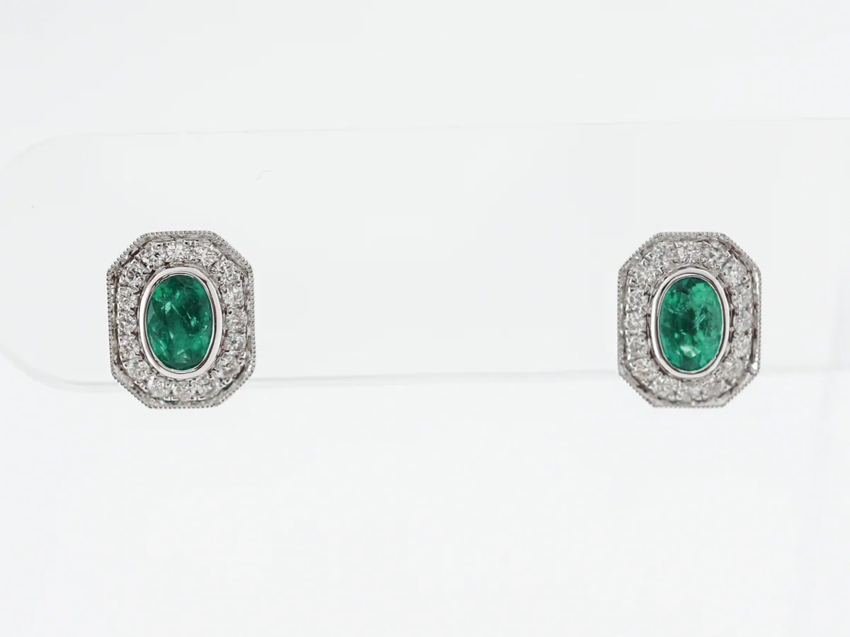 Emerald & Diamond Halo Earrings in 14k White Gold