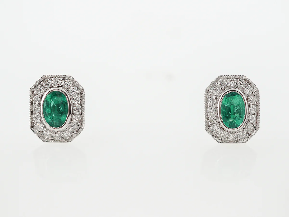 Emerald & Diamond Halo Earrings in 14k White Gold - Image 3