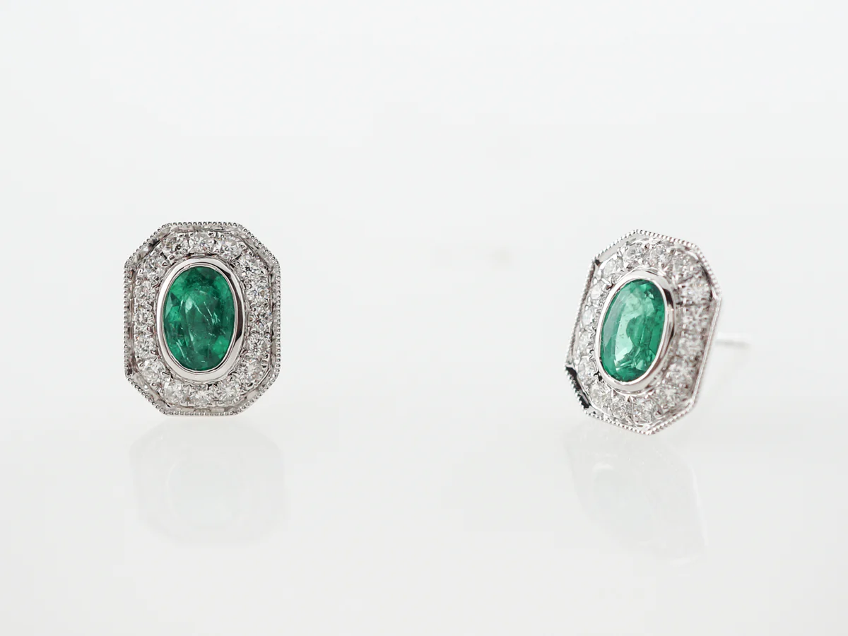 Emerald & Diamond Halo Earrings in 14k White Gold - Image 4