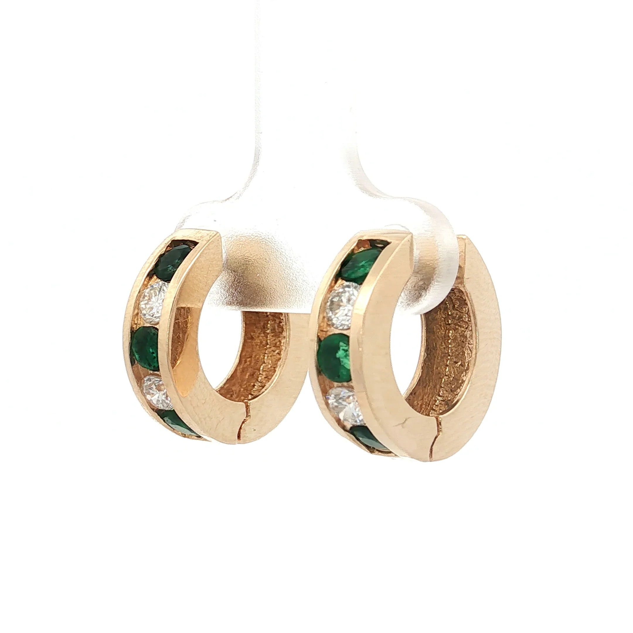 Emerald & Diamond Huggie Hoop Earrings 14k Yellow Gold - Image 2