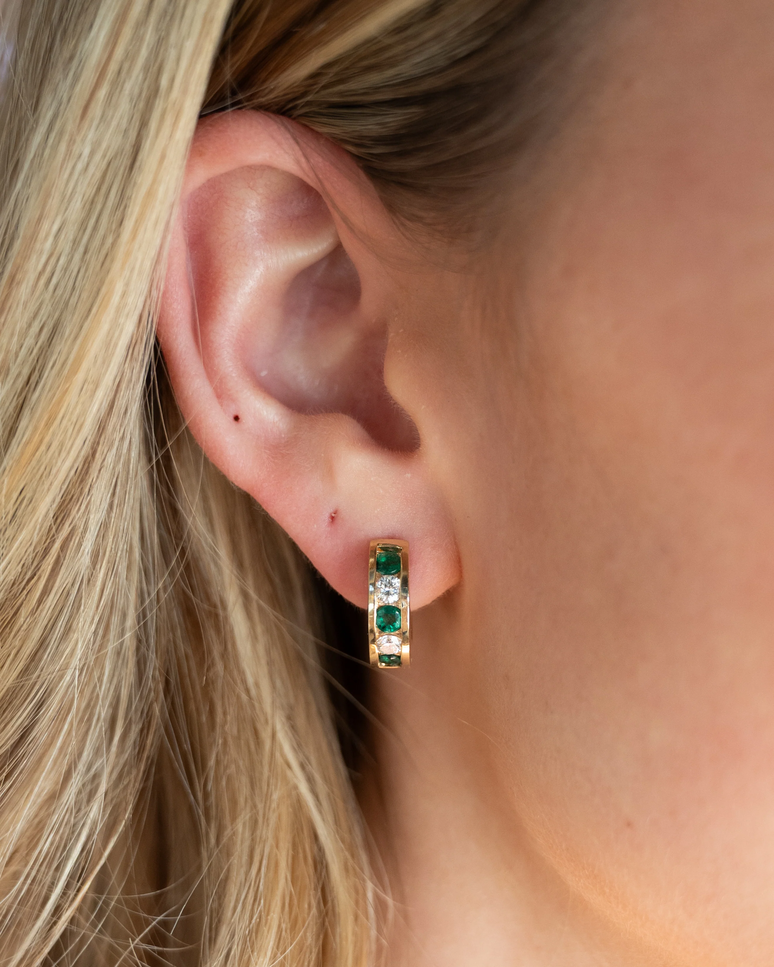 Emerald & Diamond Huggie Hoop Earrings 14k Yellow Gold - Image 5