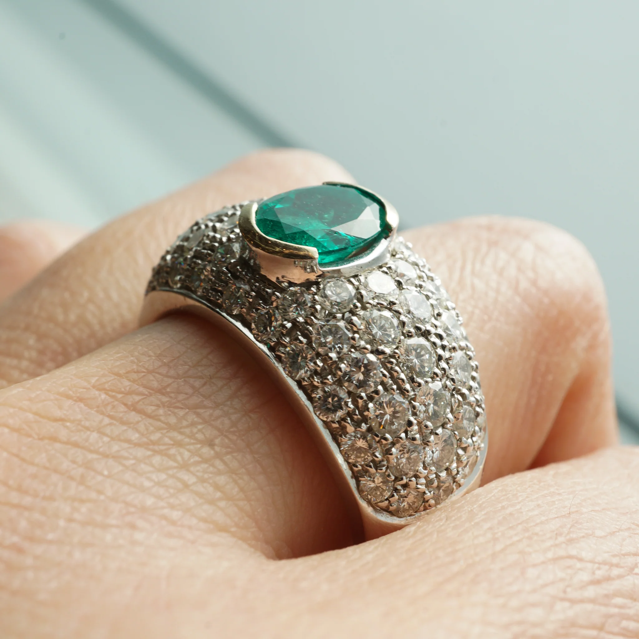 Emerald & Pave Diamond Cocktail Ring in 18k White Gold - Image 7