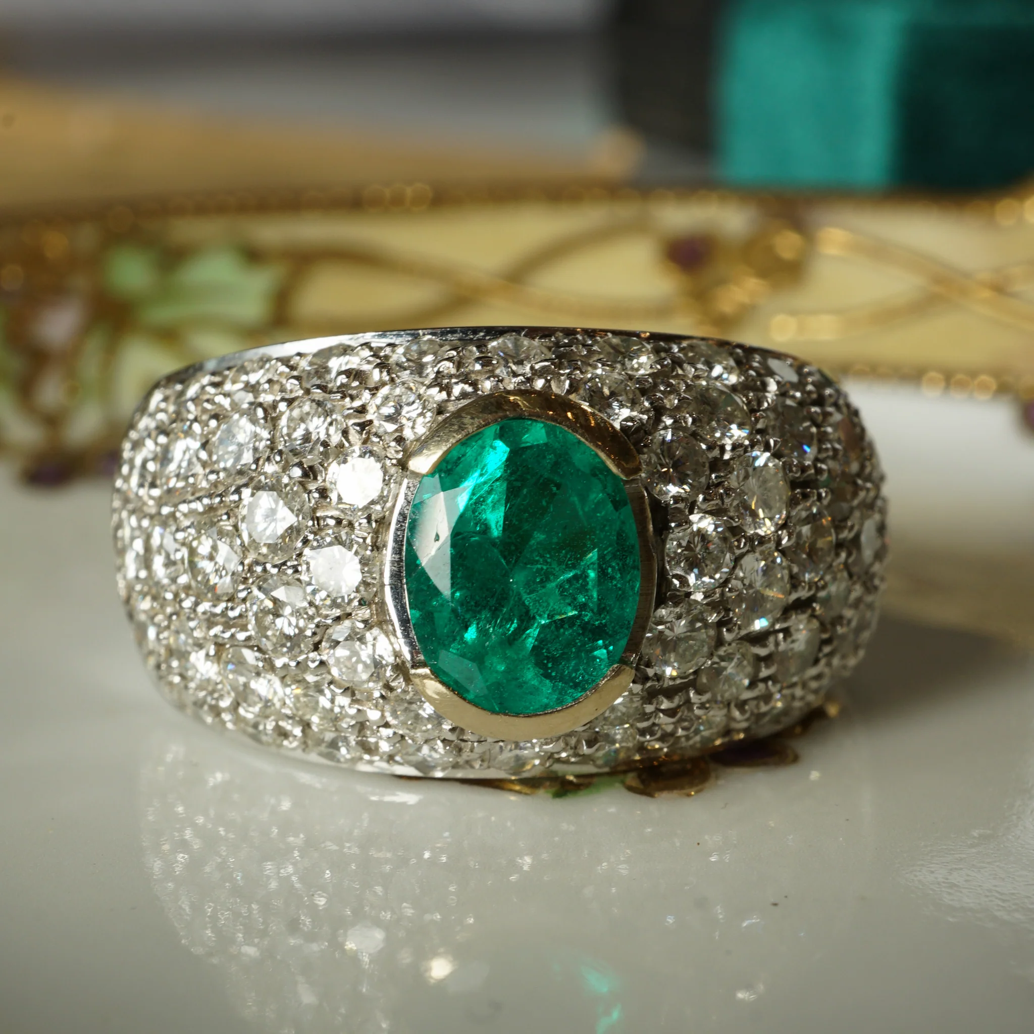 Emerald & Pave Diamond Cocktail Ring in 18k White Gold - Image 8
