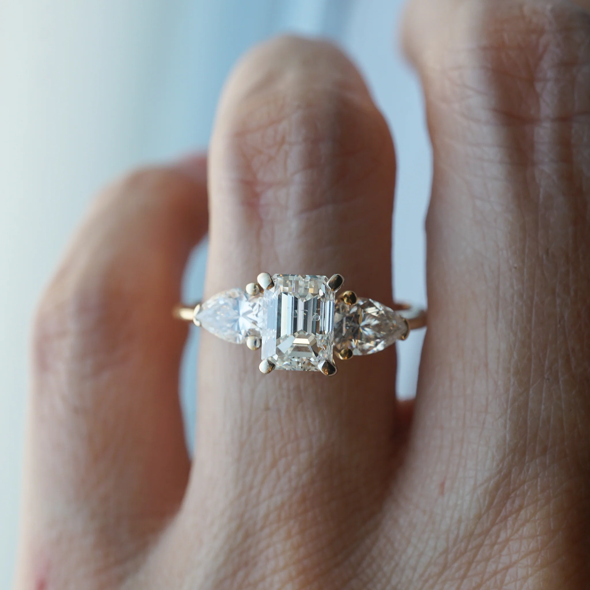 Emerald & Pear Cut Diamond Engagement Ring in 14k Gold - Image 8