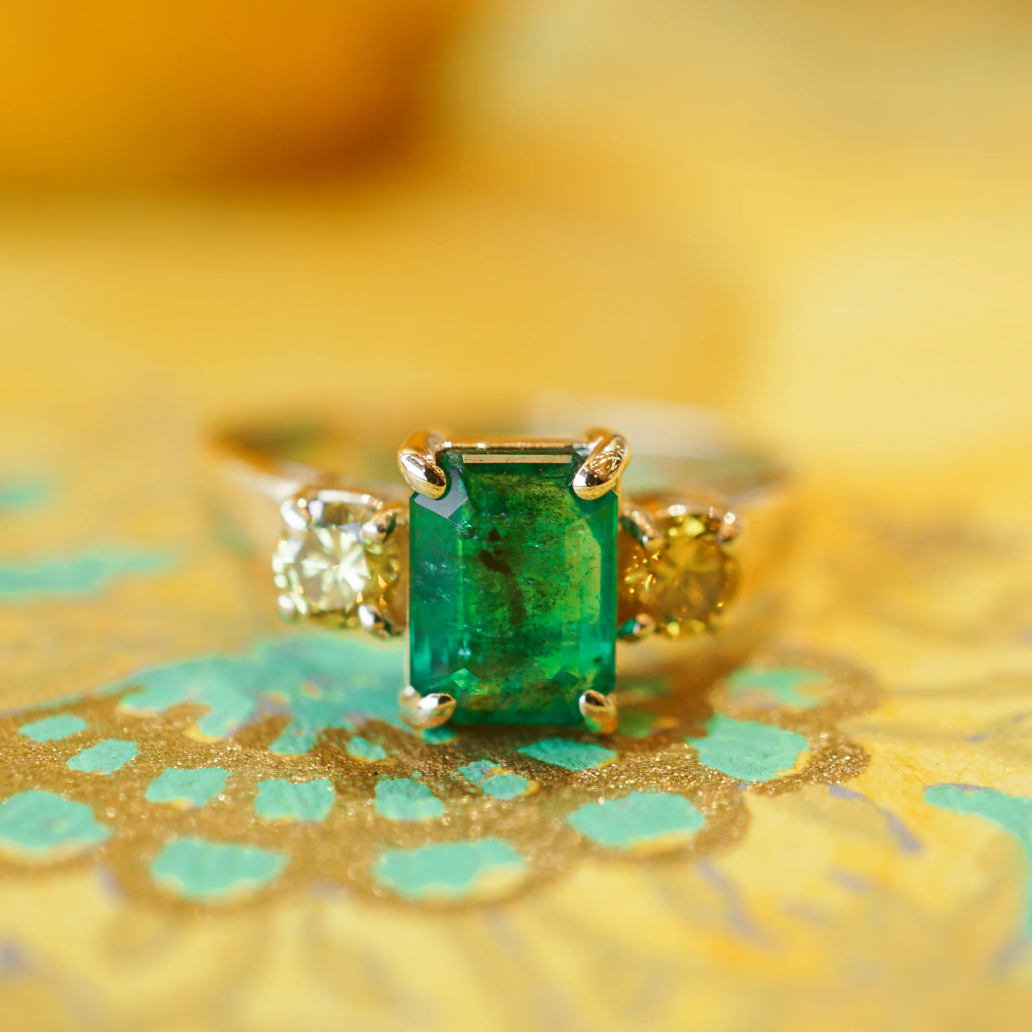 Emerald & Yellow Diamond Ring in 14k Yellow Gold - Image 7