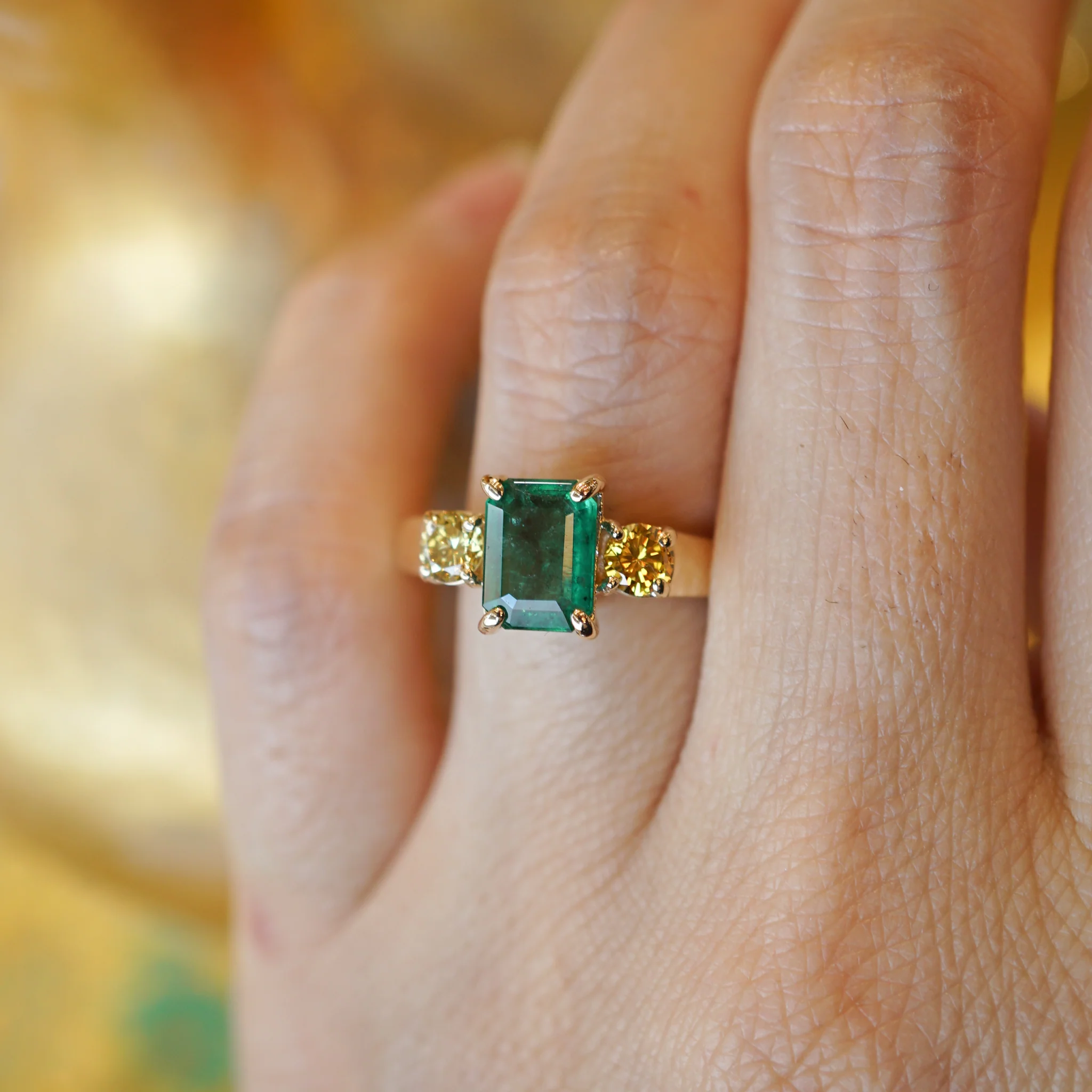 Emerald & Yellow Diamond Ring in 14k Yellow Gold - Image 8