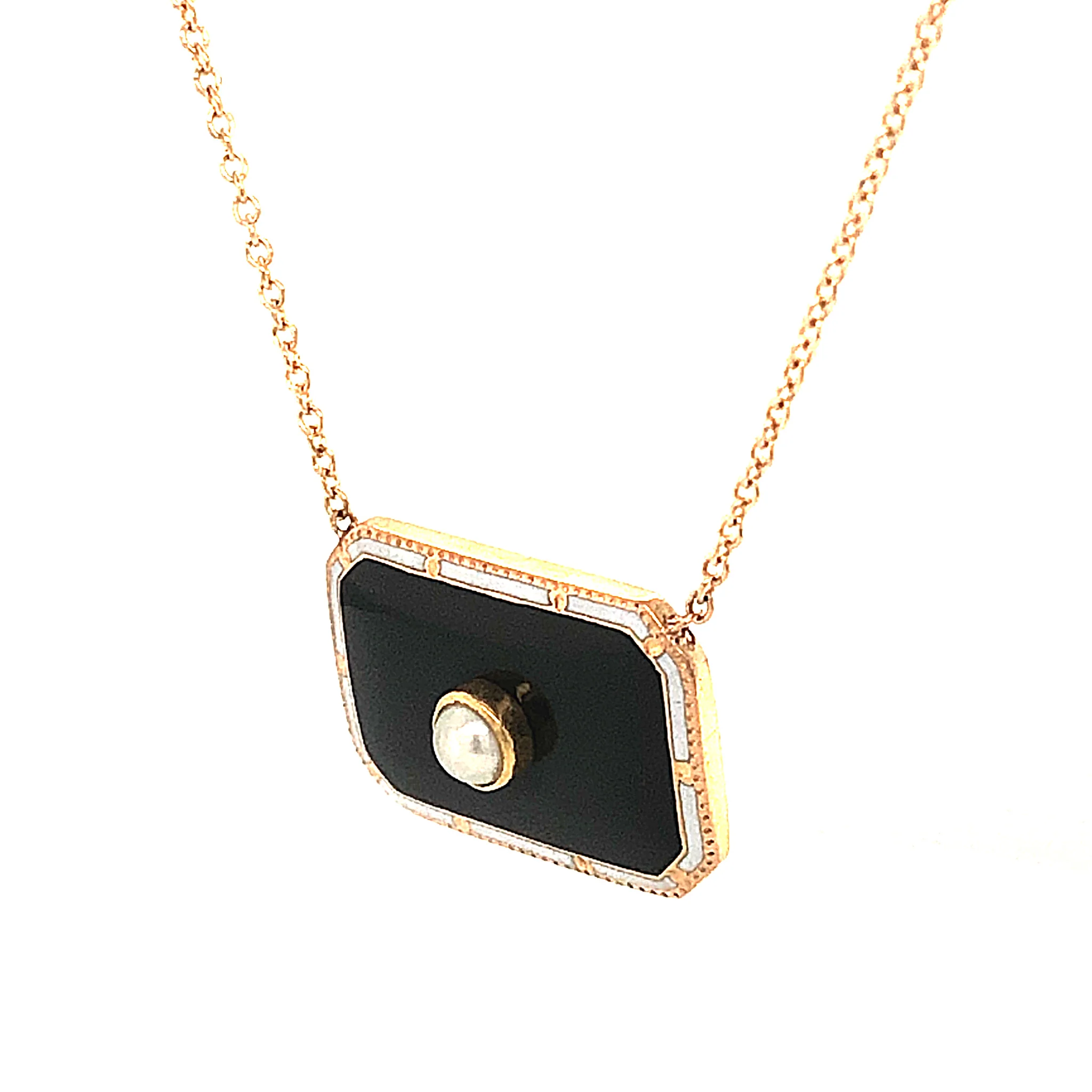 Enamel & Pearl Pendant Necklace in 14k Yellow Gold - Image 2
