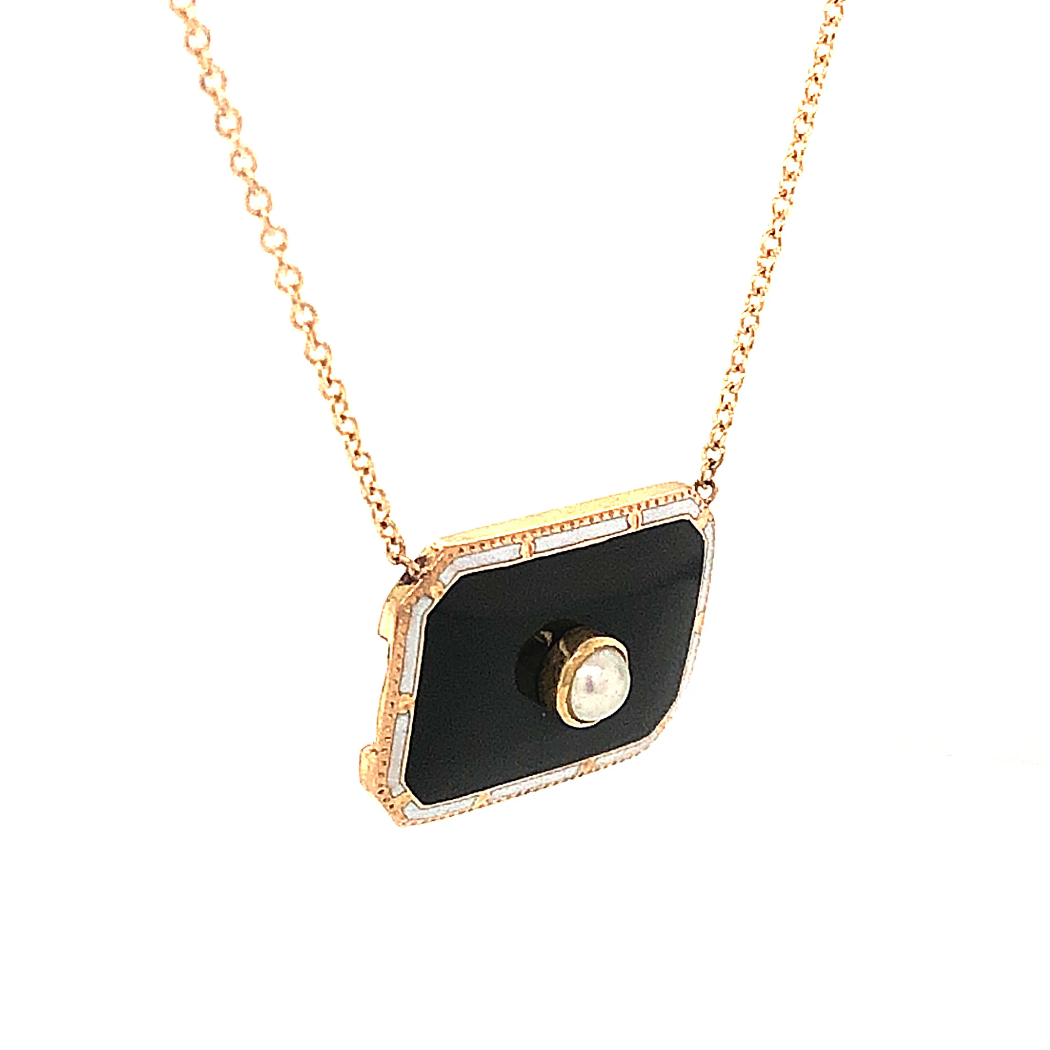 Enamel & Pearl Pendant Necklace in 14k Yellow Gold - Image 3