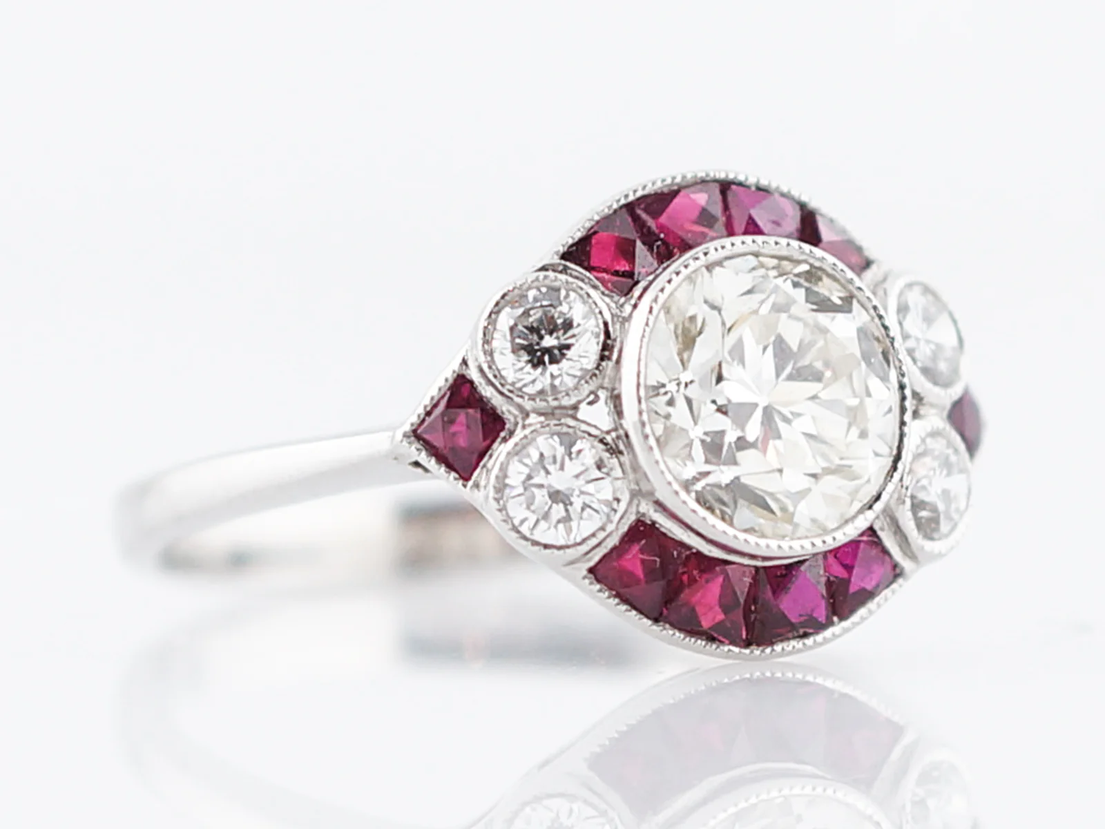 Engagement Ring Art Deco Inspired Modern 1.09 Round Brilliant Cut Diamond & Ruby in Platinum - Image 3