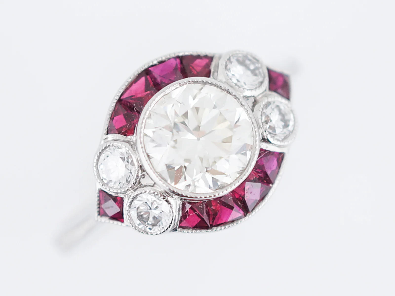 Engagement Ring Art Deco Inspired Modern 1.09 Round Brilliant Cut Diamond & Ruby in Platinum - Image 4