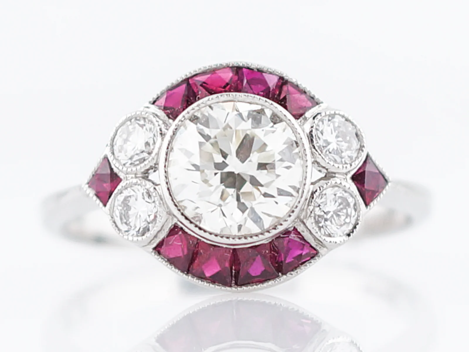 Engagement Ring Art Deco Inspired Modern 1.09 Round Brilliant Cut Diamond & Ruby in Platinum - Image 2