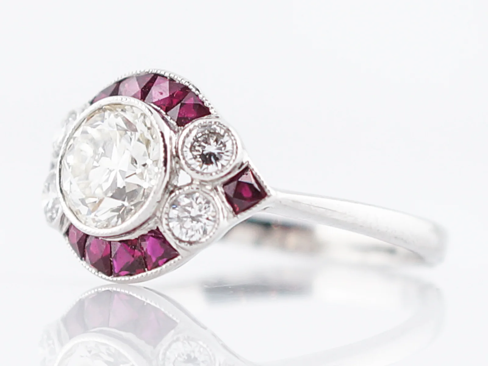 Engagement Ring Art Deco Inspired Modern 1.09 Round Brilliant Cut Diamond & Ruby in Platinum - Image 3