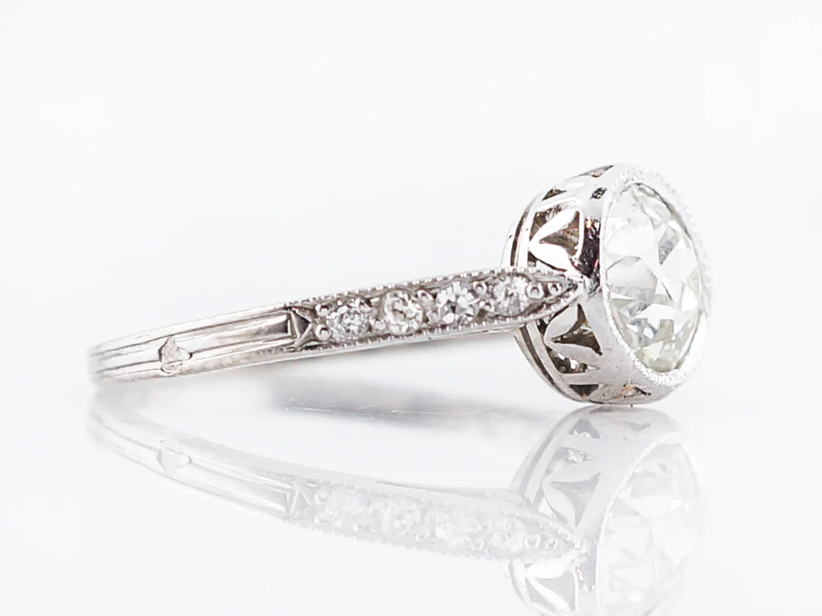 Antique Engagement Ring French Art Deco .93 Old European Cut Diamond in Platinum - Image 3