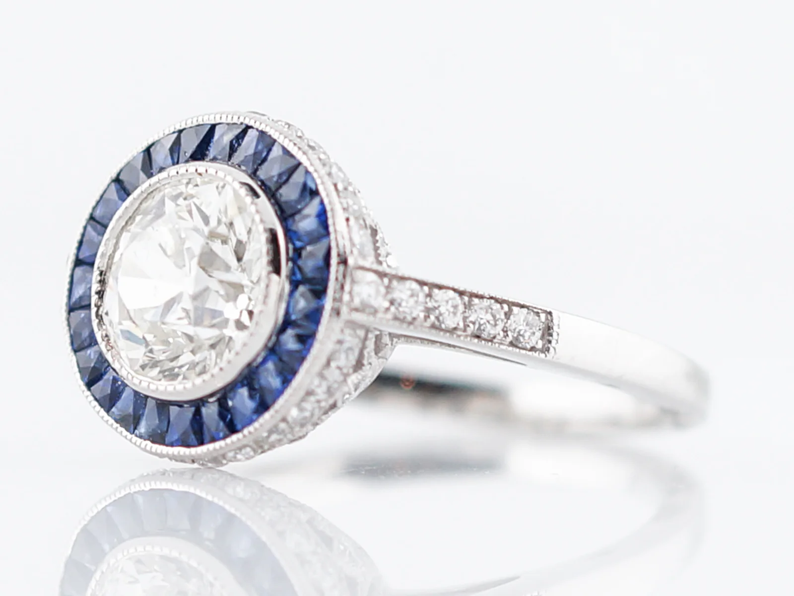 Engagement Ring Modern 1.50 Round Brilliant Cut Diamond & .66 French Cut Sapphires in Platinum - Image 2