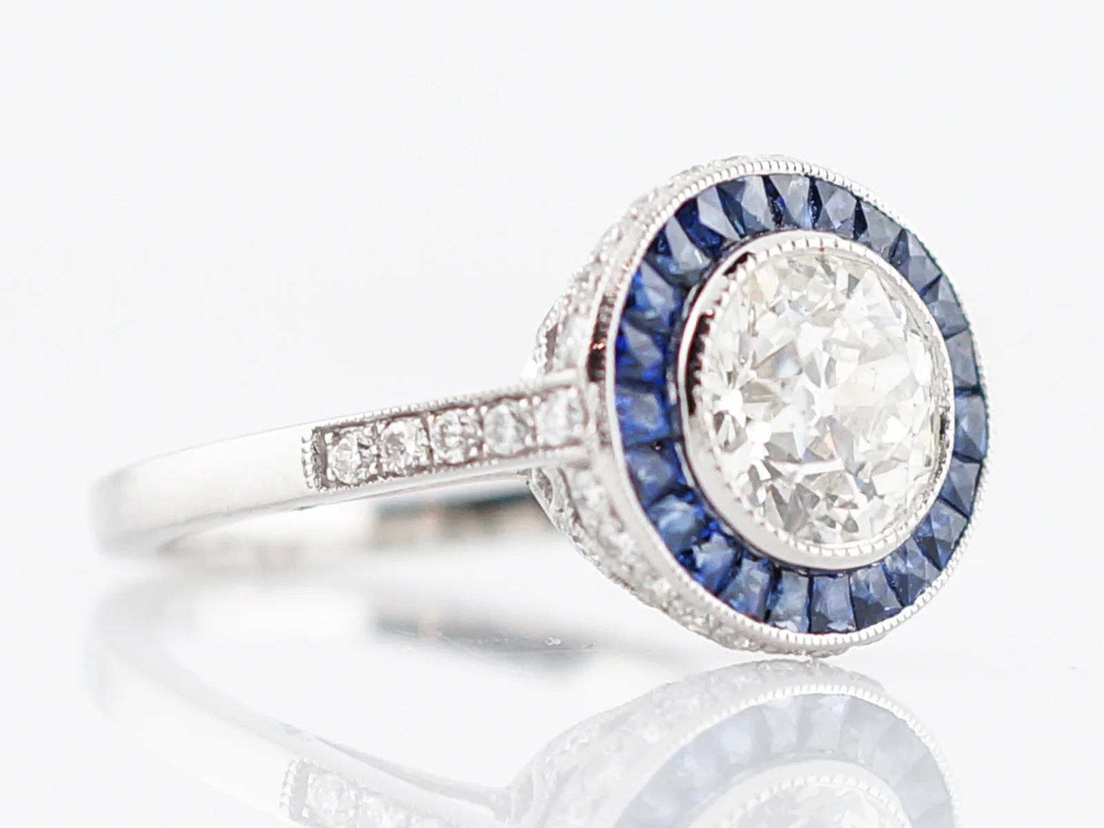 Engagement Ring Modern 1.50 Round Brilliant Cut Diamond & .66 French Cut Sapphires in Platinum - Image 3