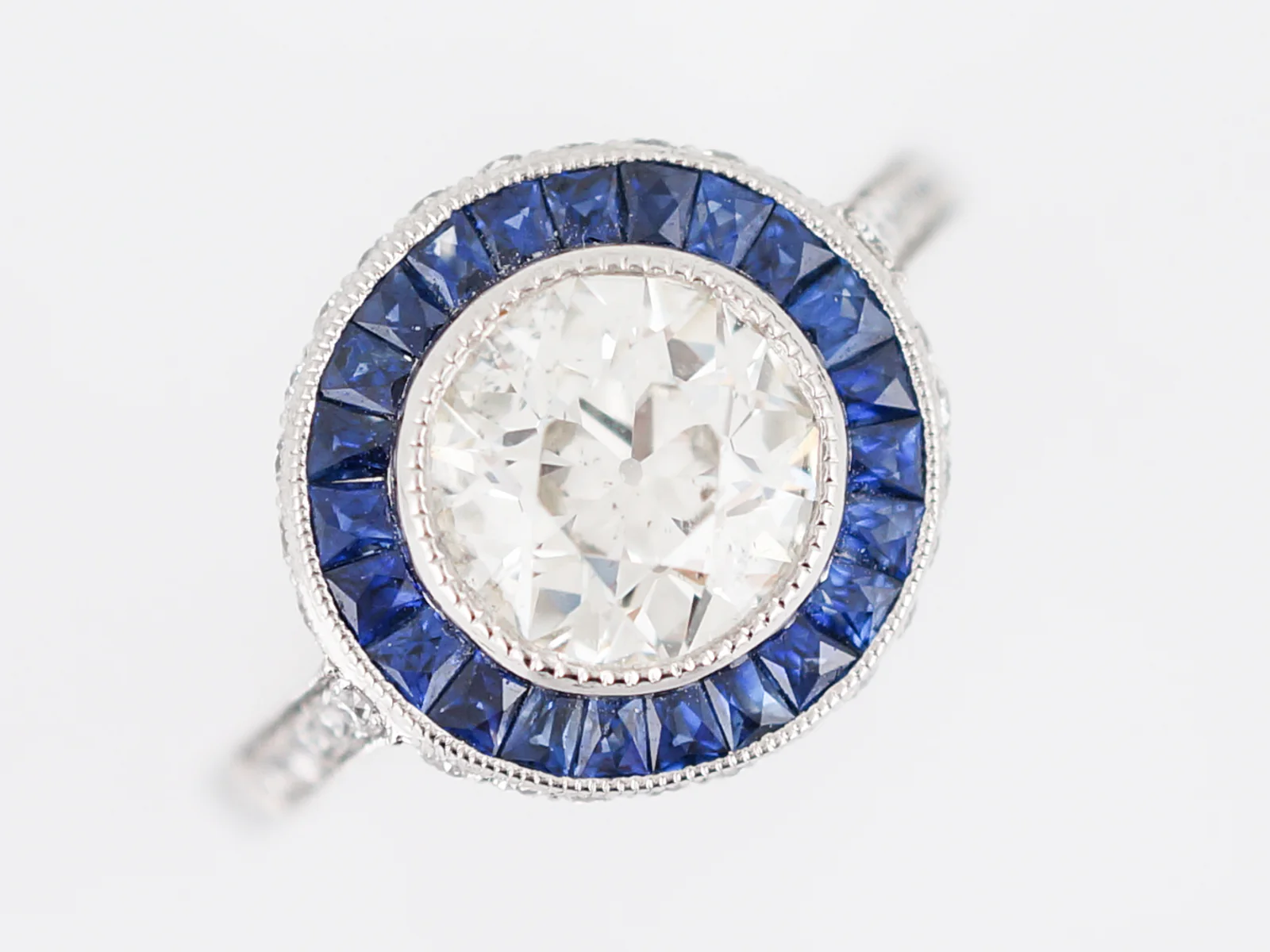 Engagement Ring Modern 1.50 Round Brilliant Cut Diamond & .66 French Cut Sapphires in Platinum - Image 4