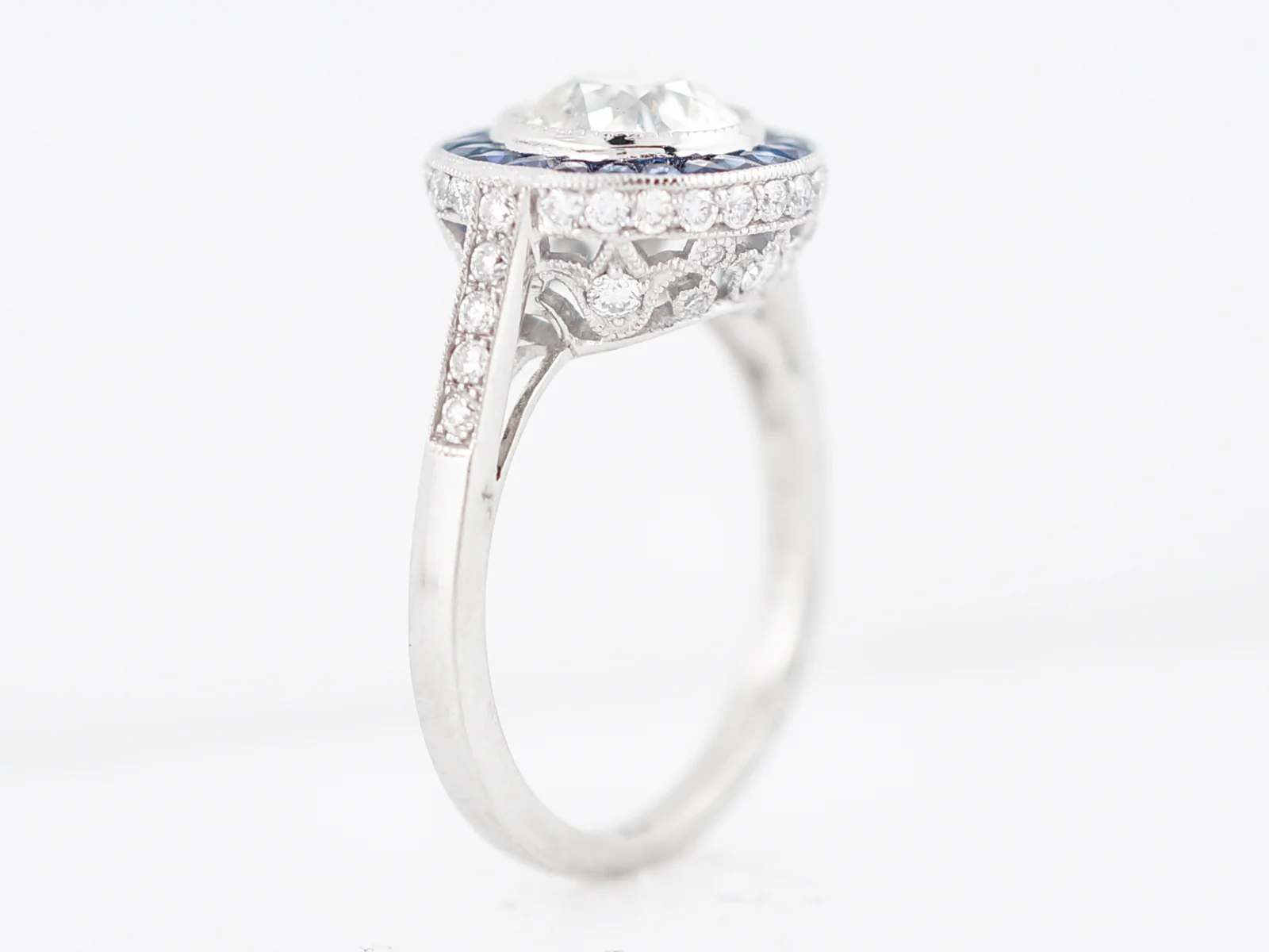 Engagement Ring Modern 1.50 Round Brilliant Cut Diamond & .66 French Cut Sapphires in Platinum - Image 5