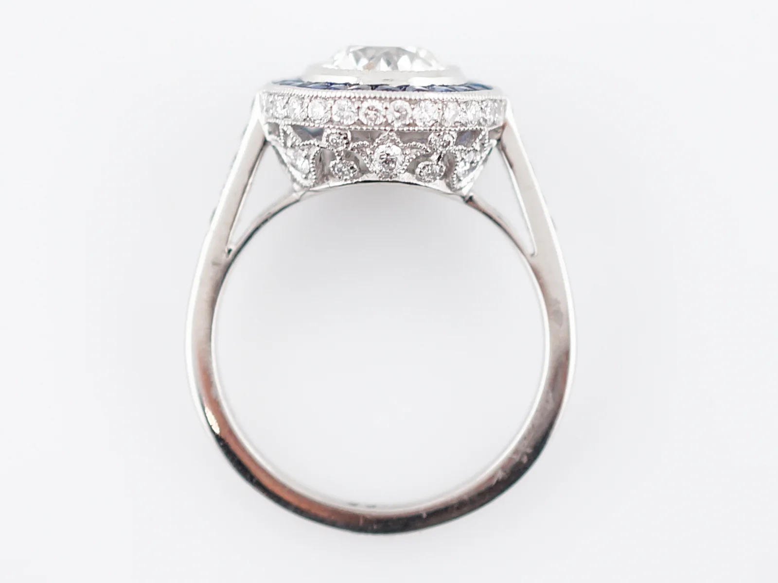 Engagement Ring Modern 1.50 Round Brilliant Cut Diamond & .66 French Cut Sapphires in Platinum - Image 6