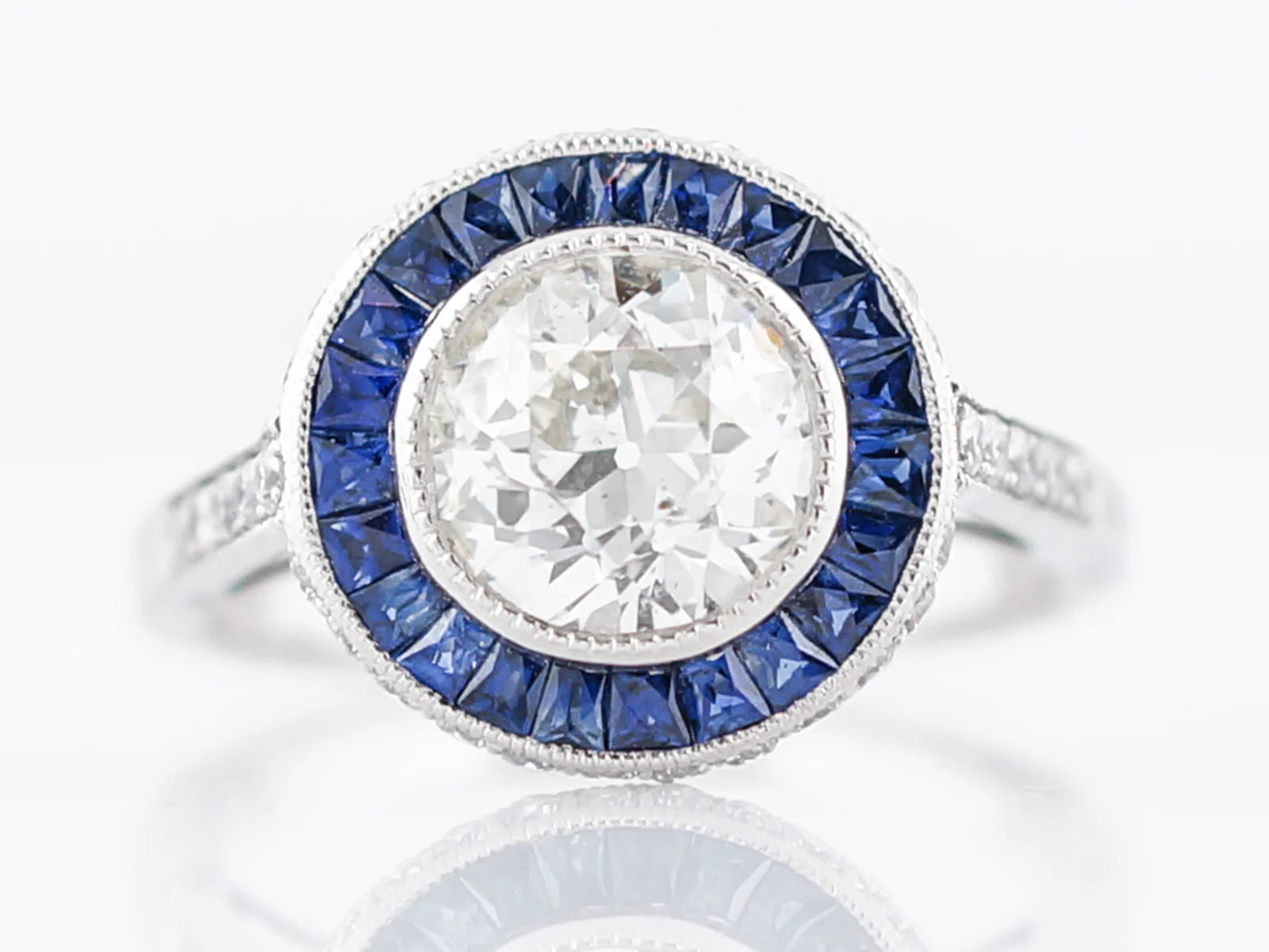 Engagement Ring Modern 1.50 Round Brilliant Cut Diamond & .66 French Cut Sapphires in Platinum - Image 2