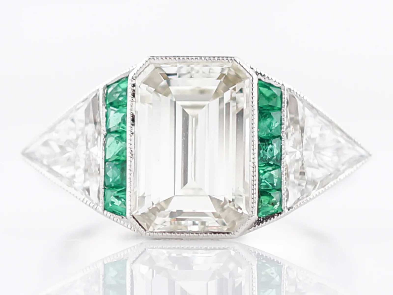 Engagement Ring Modern 2.51 Emerald Cut Diamond & .15 Emeralds in Platinum - Image 2