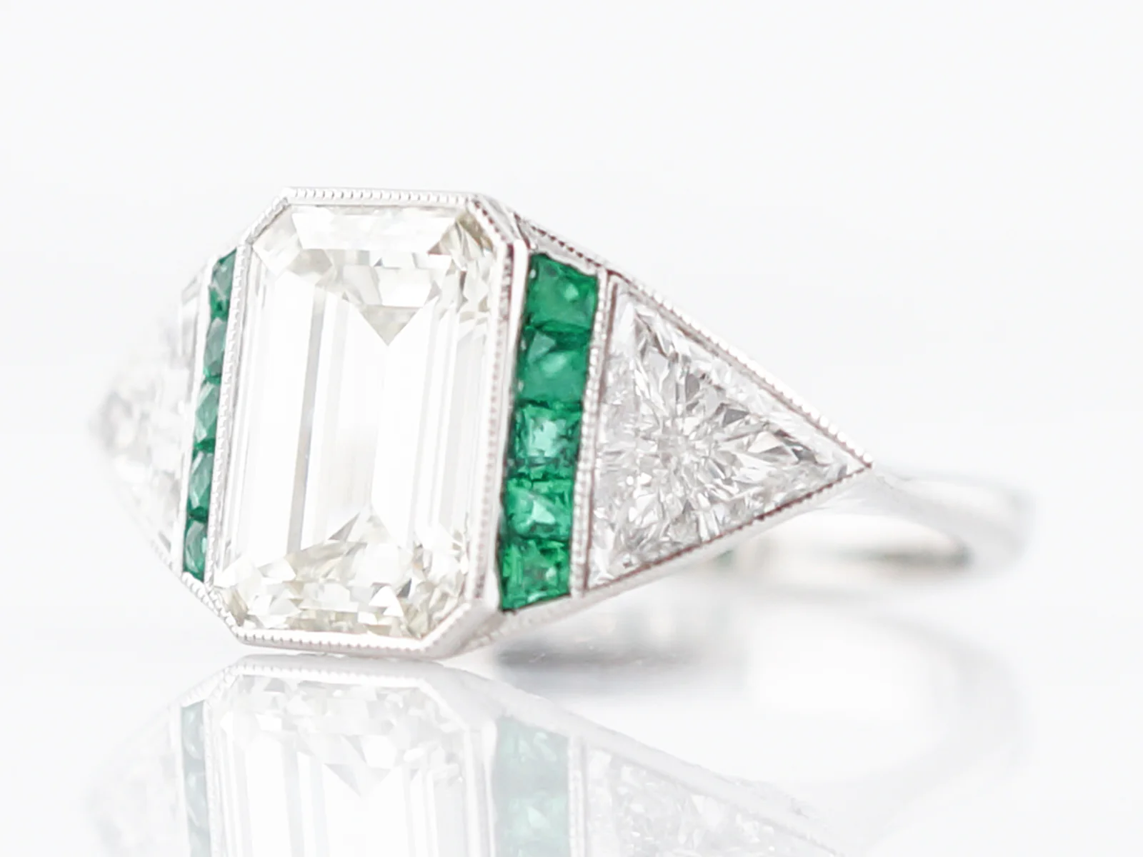 Engagement Ring Modern 2.51 Emerald Cut Diamond & .15 Emeralds in Platinum - Image 3