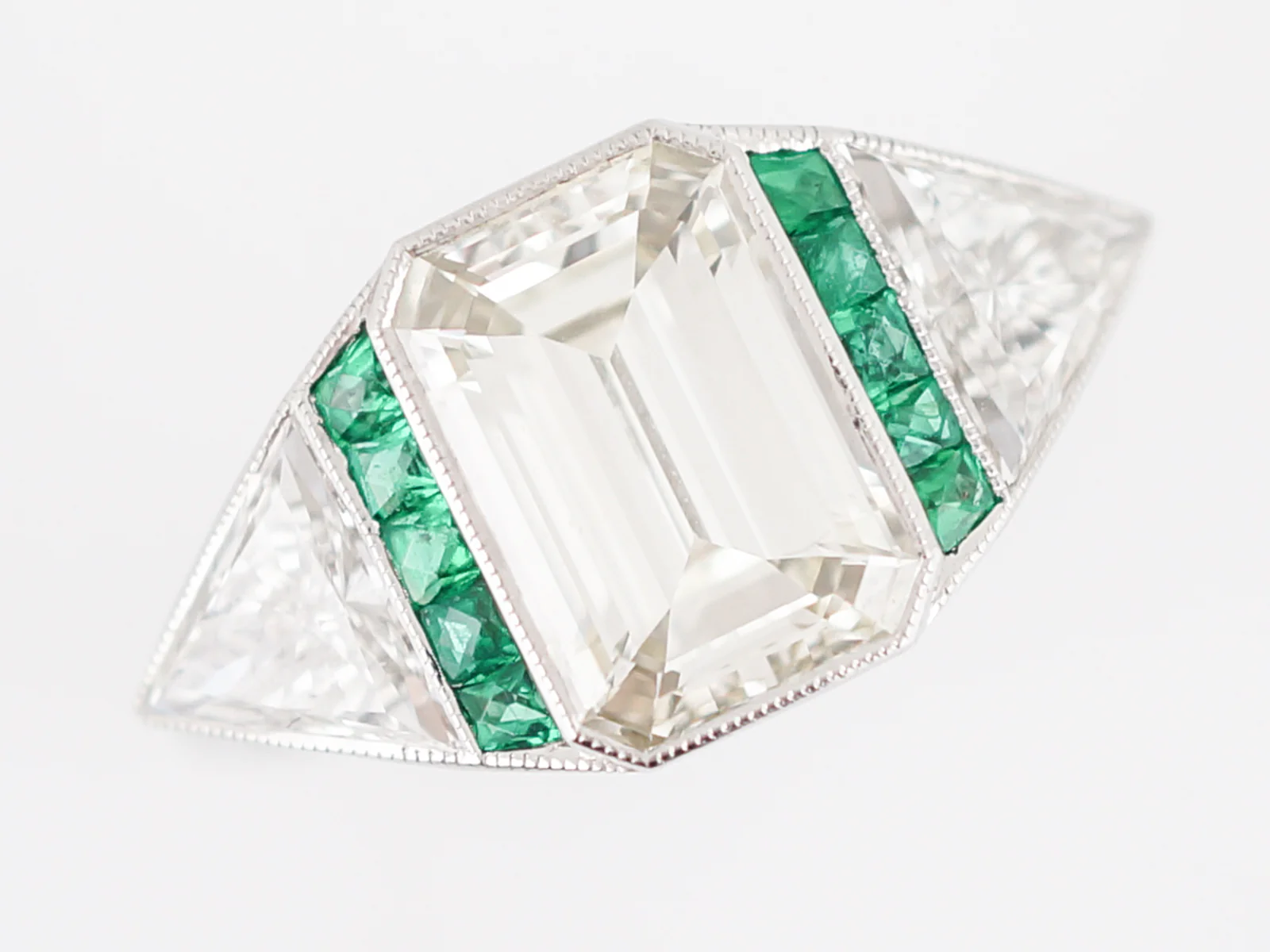 Engagement Ring Modern 2.51 Emerald Cut Diamond & .15 Emeralds in Platinum - Image 5