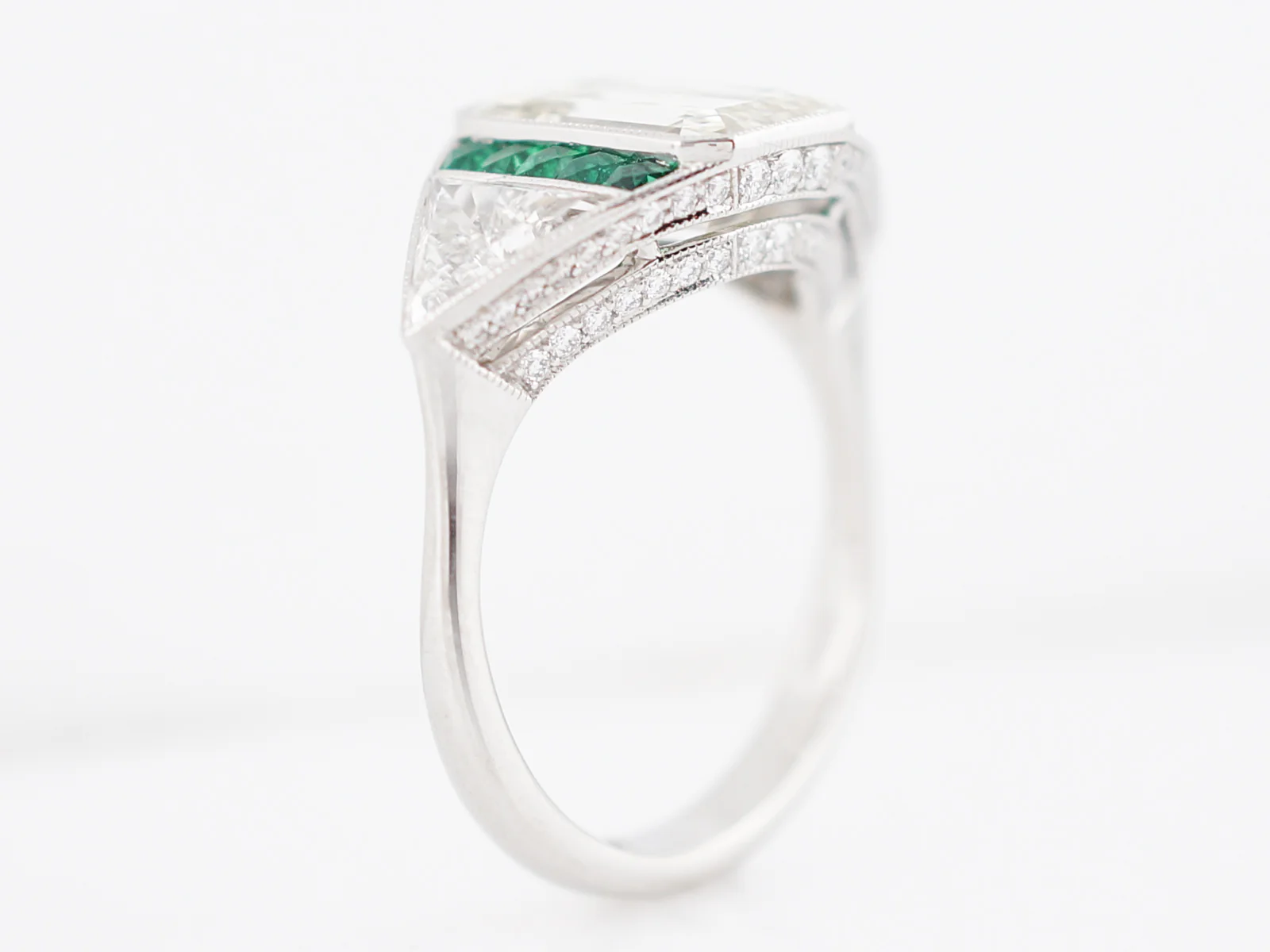 Engagement Ring Modern 2.51 Emerald Cut Diamond & .15 Emeralds in Platinum - Image 6