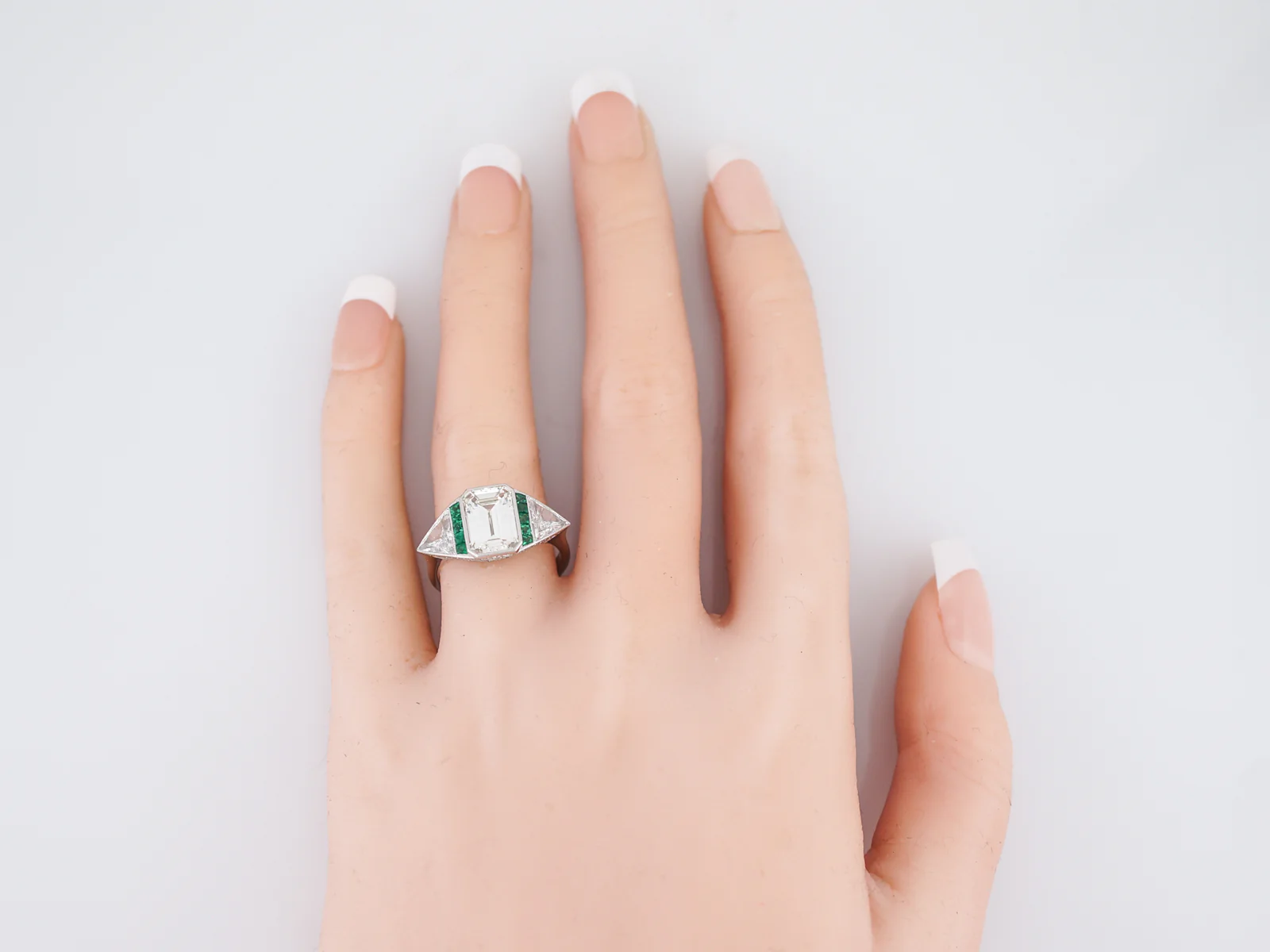 Engagement Ring Modern 2.51 Emerald Cut Diamond & .15 Emeralds in Platinum - Image 8