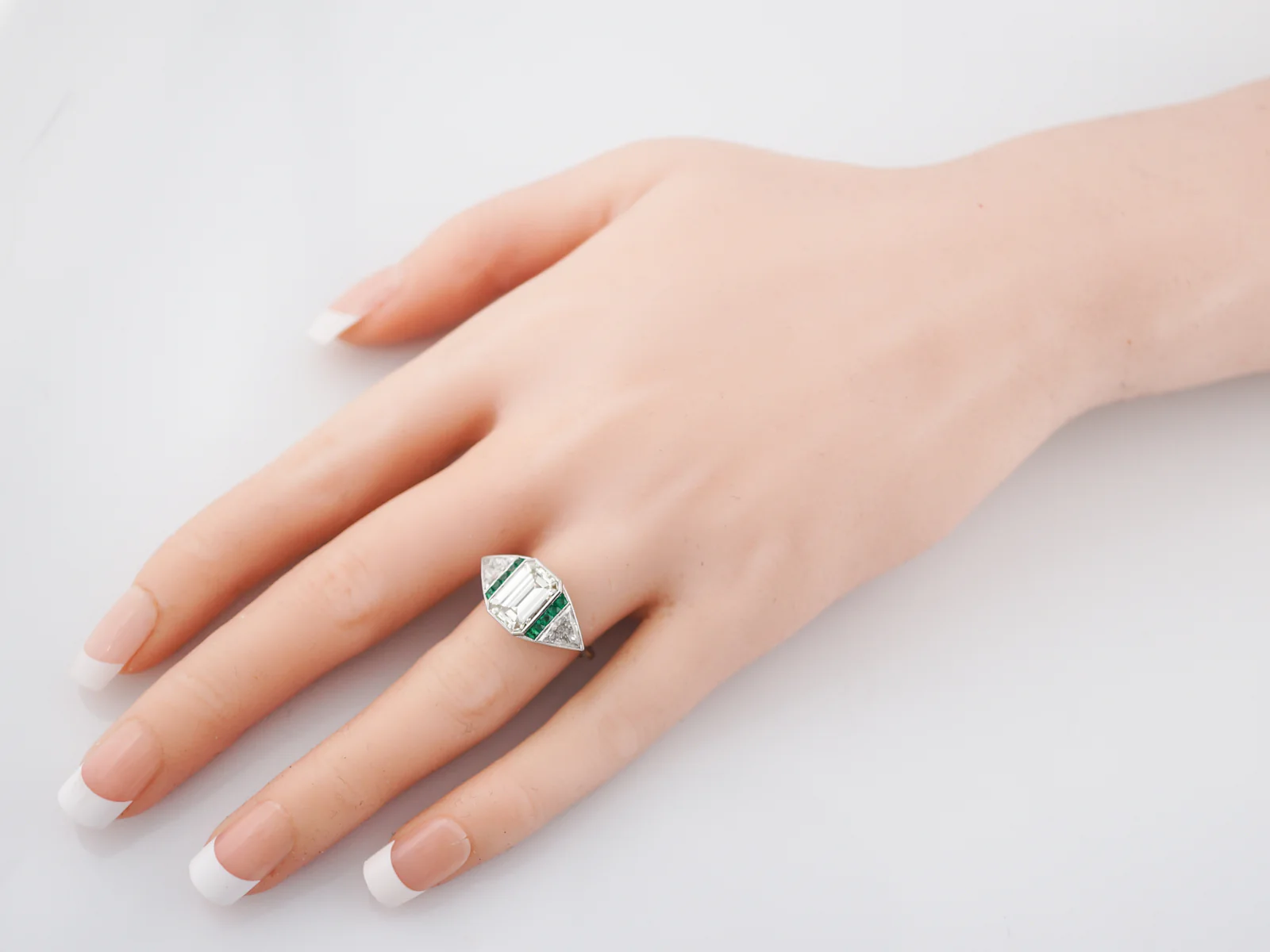 Engagement Ring Modern 2.51 Emerald Cut Diamond & .15 Emeralds in Platinum - Image 9