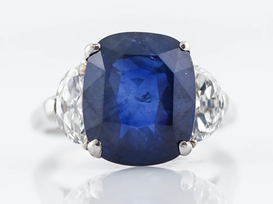 Engagement Ring Modern 6.40 Cushion Cut Sapphire & .60 Half Moon Cut Diamonds in Platinum - Image 2