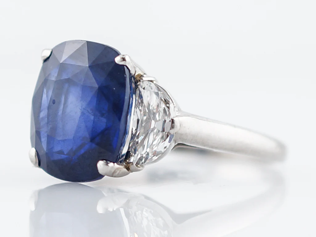 Engagement Ring Modern 6.40 Cushion Cut Sapphire & .60 Half Moon Cut Diamonds in Platinum - Image 3