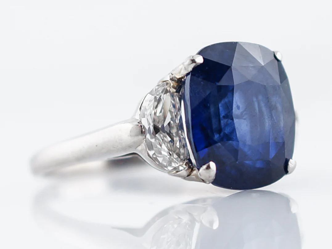 Engagement Ring Modern 6.40 Cushion Cut Sapphire & .60 Half Moon Cut Diamonds in Platinum - Image 4