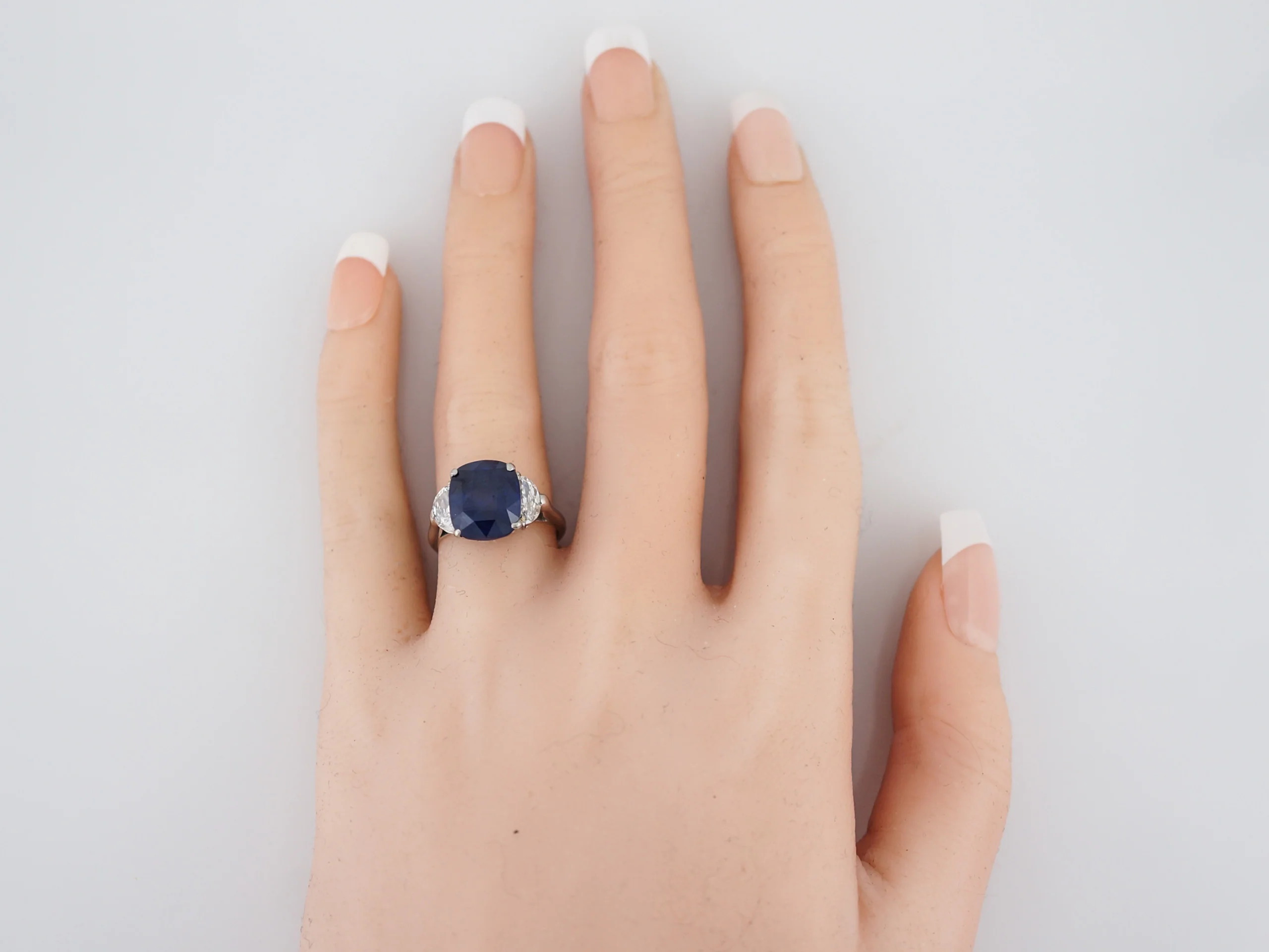 Engagement Ring Modern 6.40 Cushion Cut Sapphire & .60 Half Moon Cut Diamonds in Platinum - Image 6
