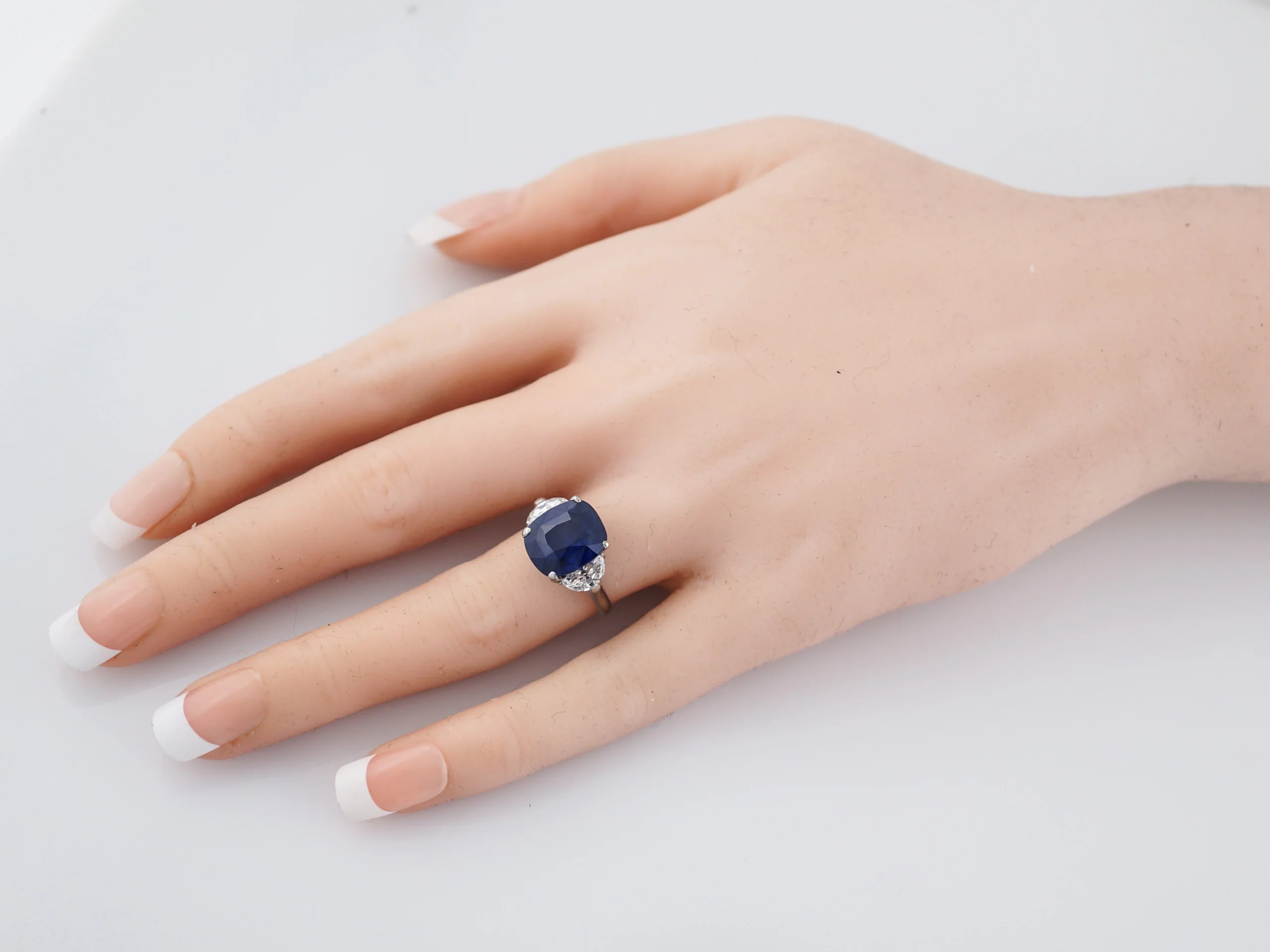 Engagement Ring Modern 6.40 Cushion Cut Sapphire & .60 Half Moon Cut Diamonds in Platinum - Image 7